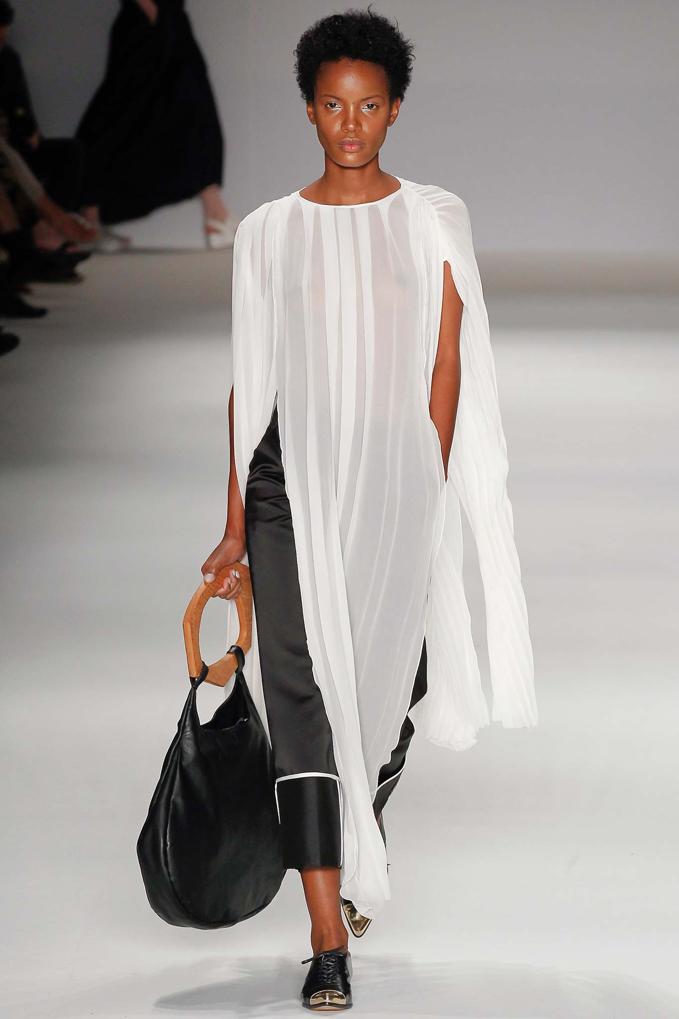 white chiffon sleeveless high-neck relaxed pleated draped dress