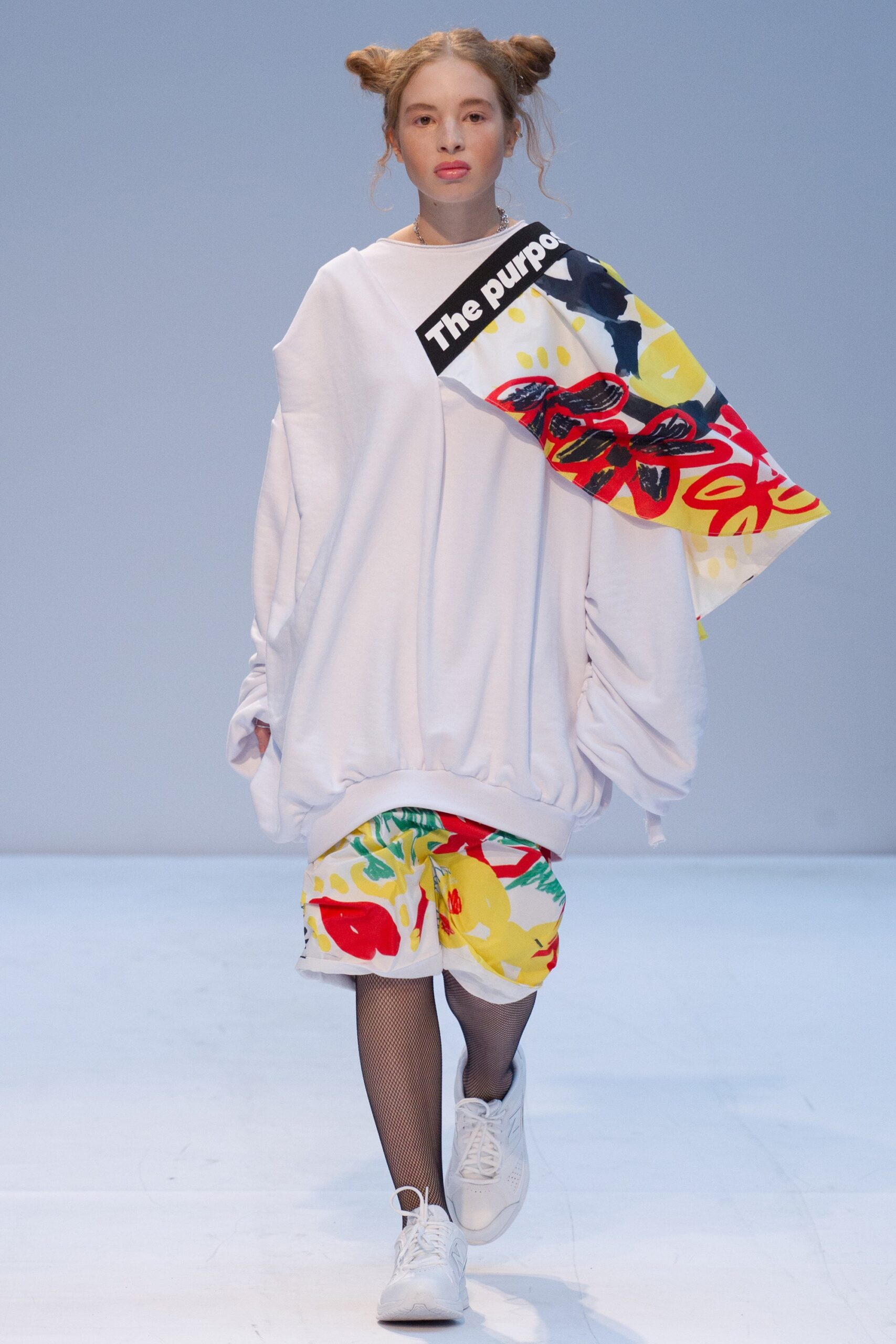 oversized white printed top with multi shorts