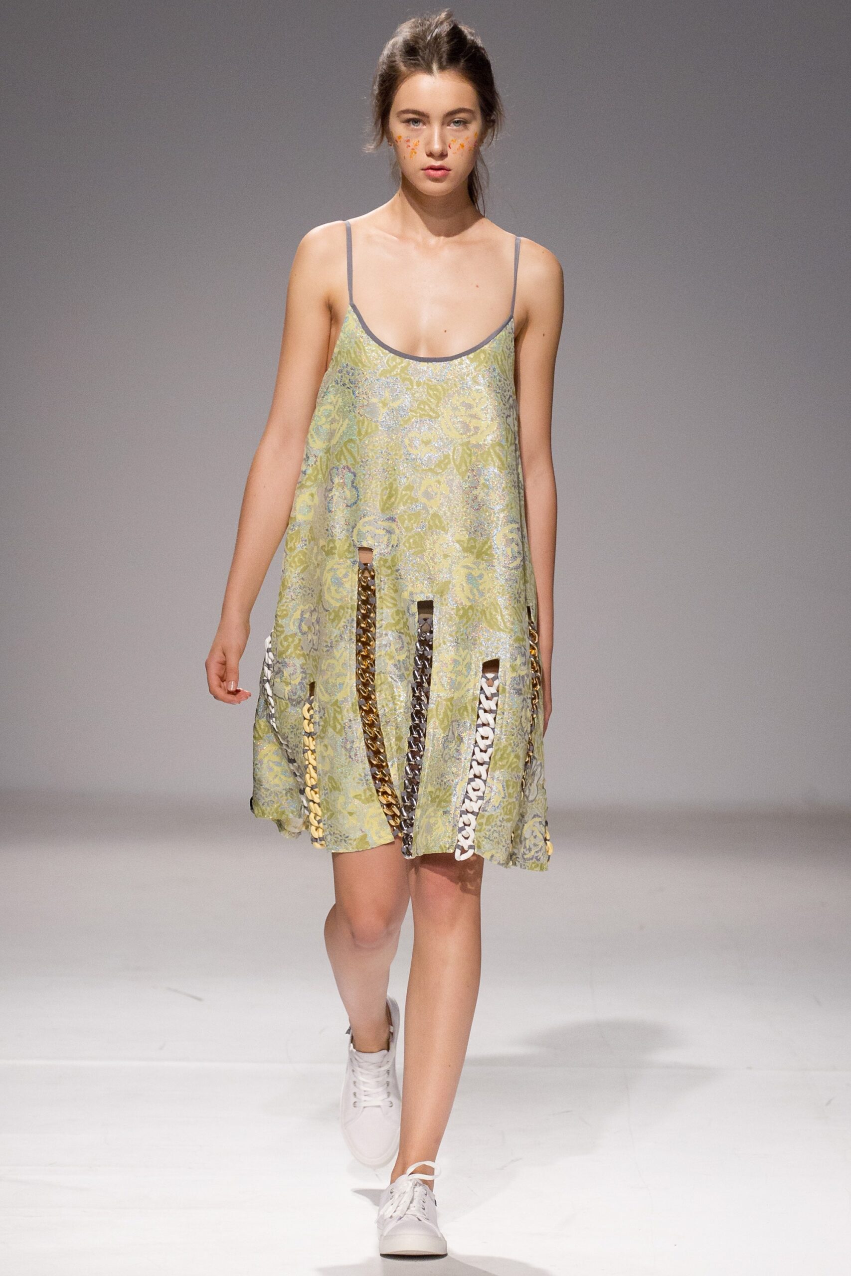 yellow brocade sleeveless spaghetti-strap relaxed printed a-line mini-dress