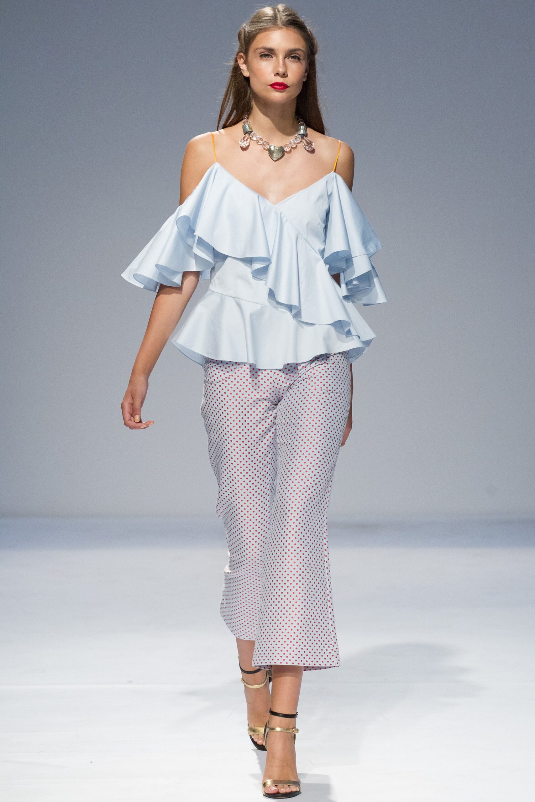 blue cotton sleeveless off-shoulder fitted ruffled top