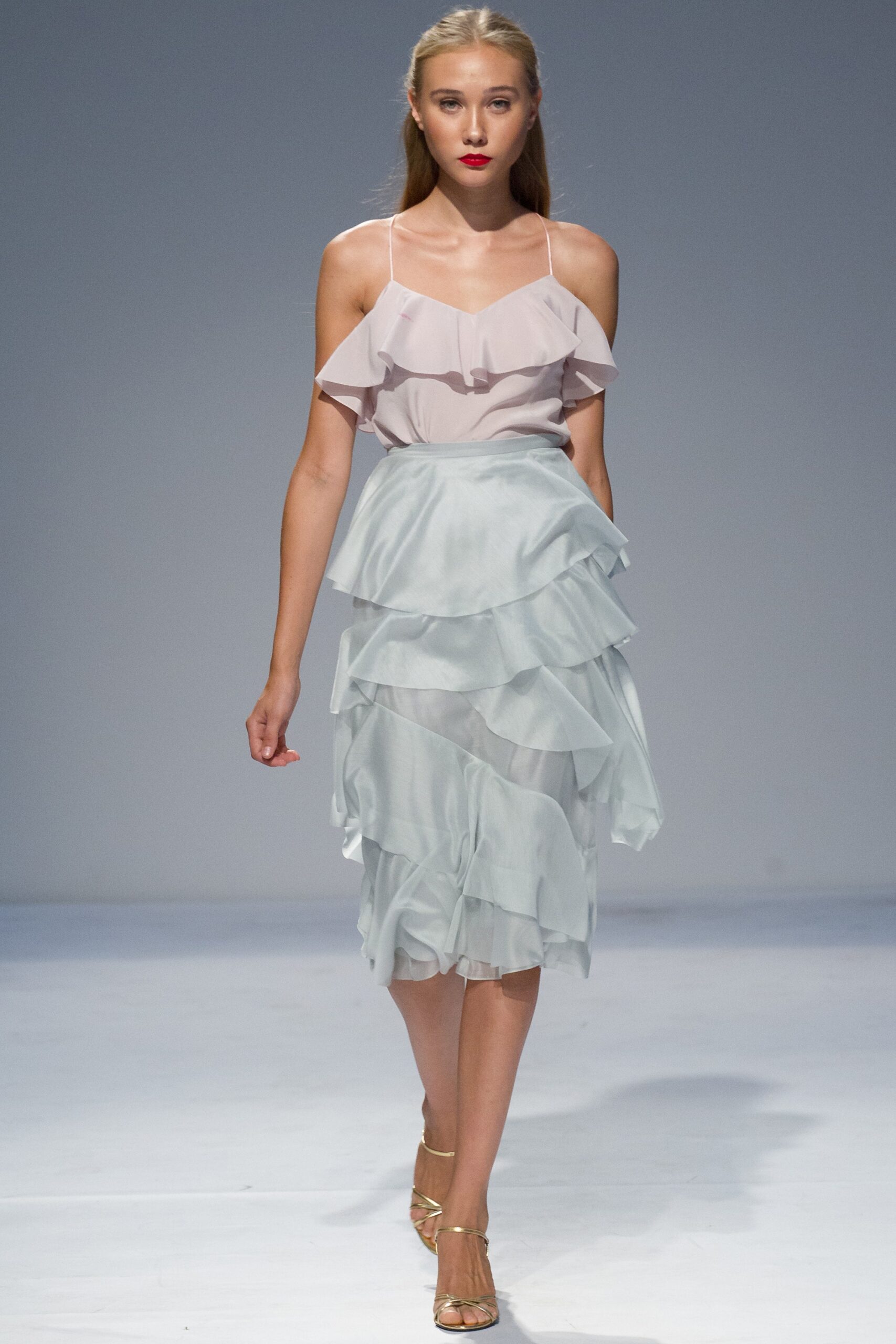 pink and blue ruffled midi dress