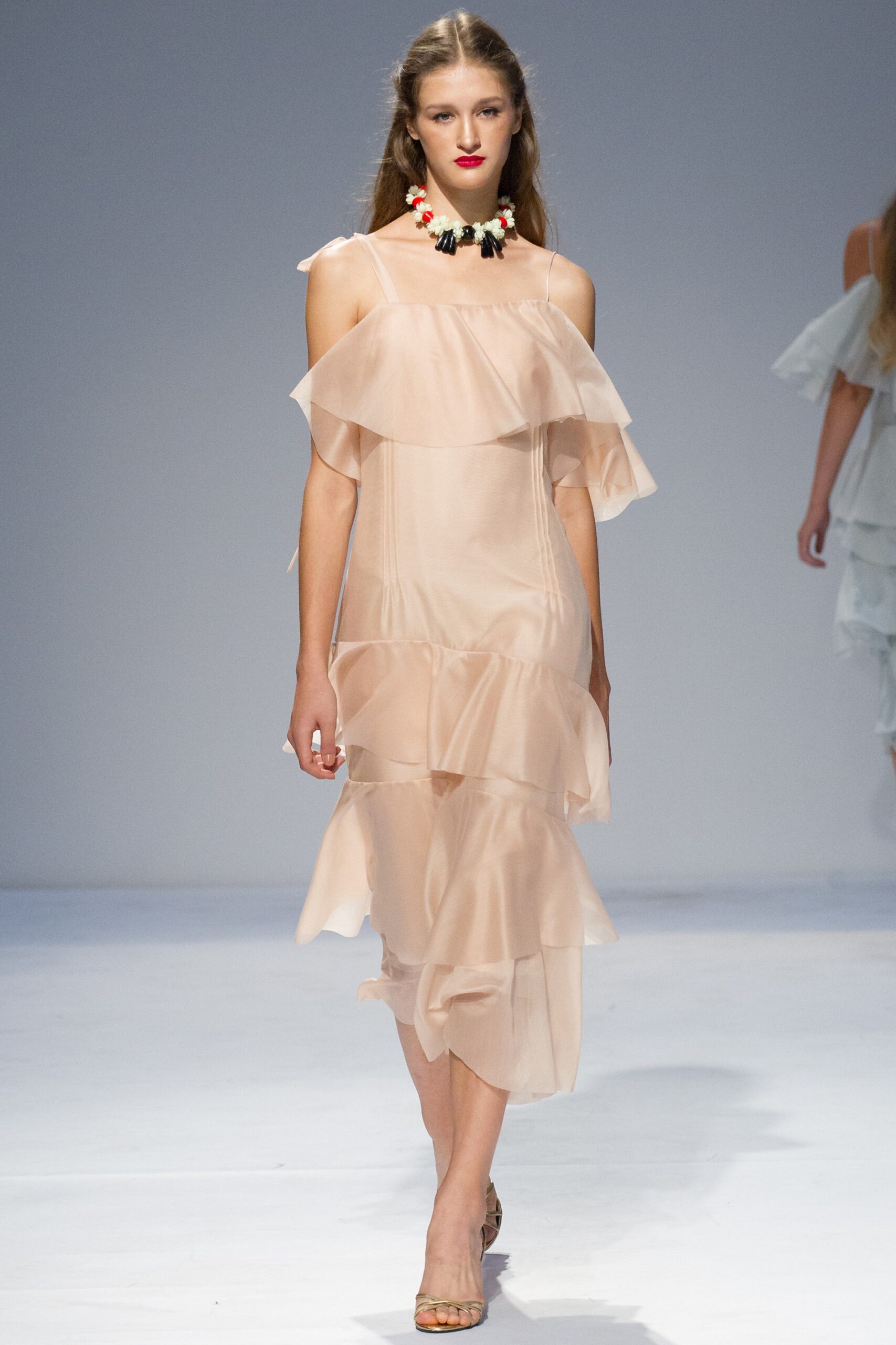 beige silk off-shoulder tiered dress