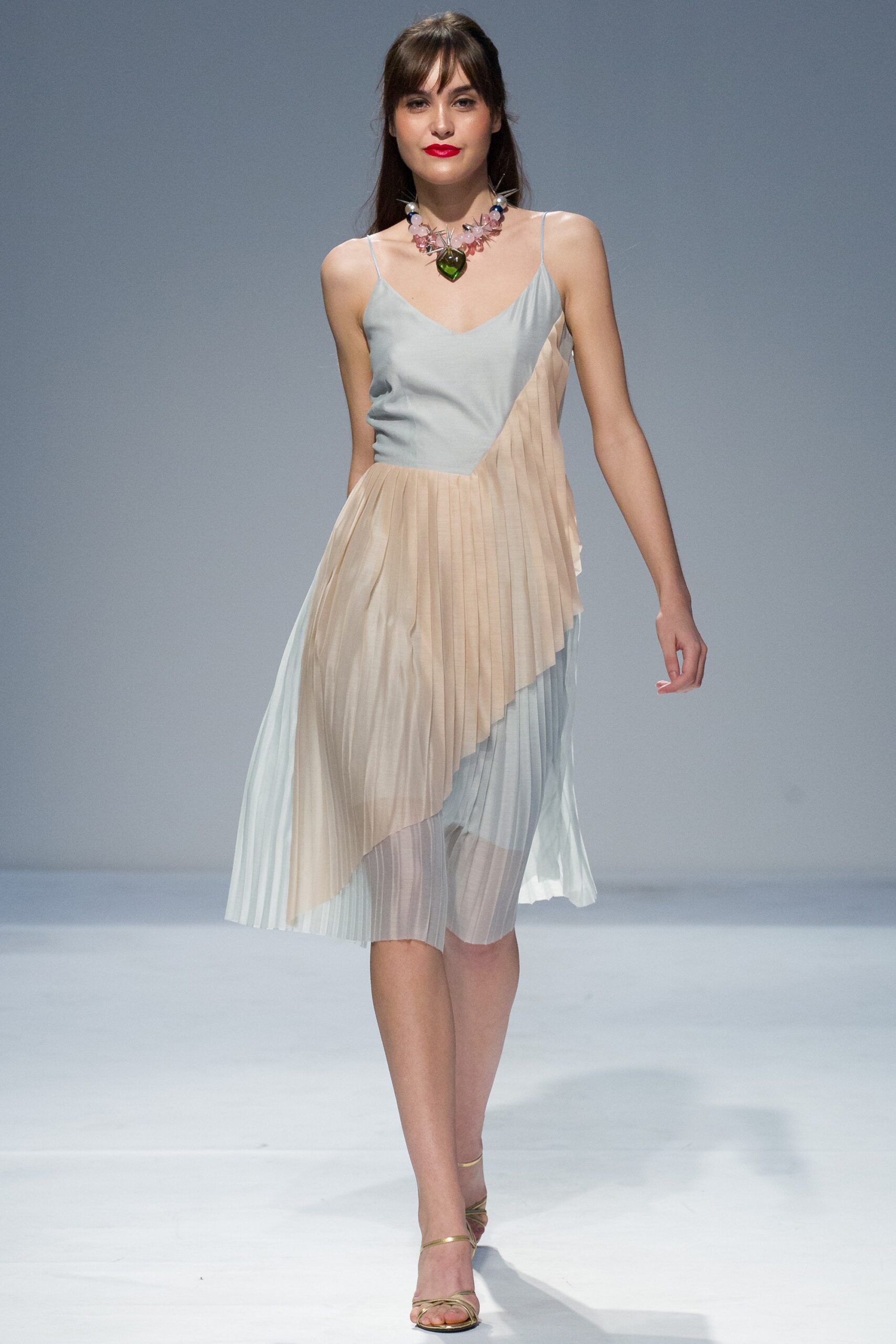 blue beige pleated midi dress