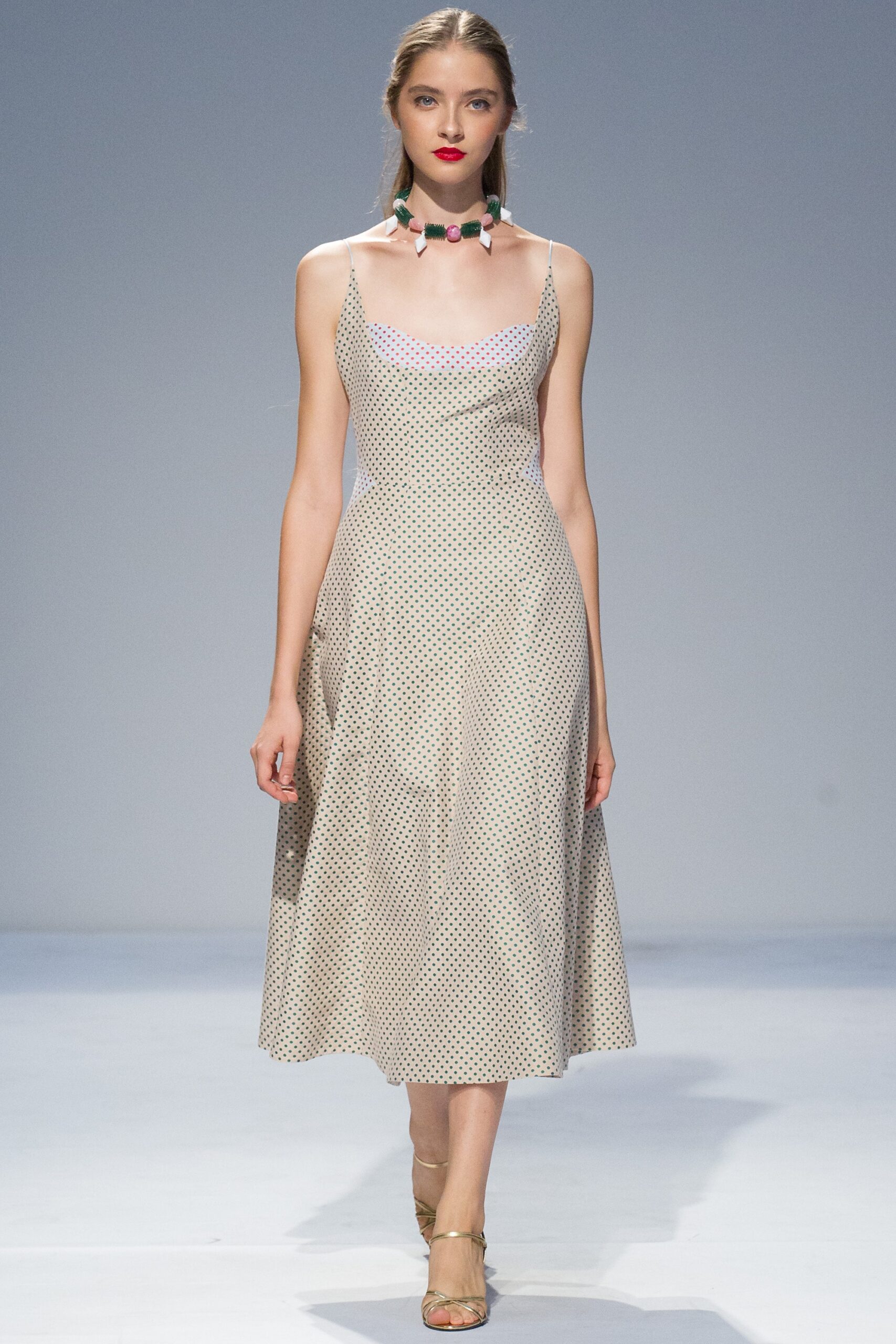 beige silk sleeveless polka-dot dress