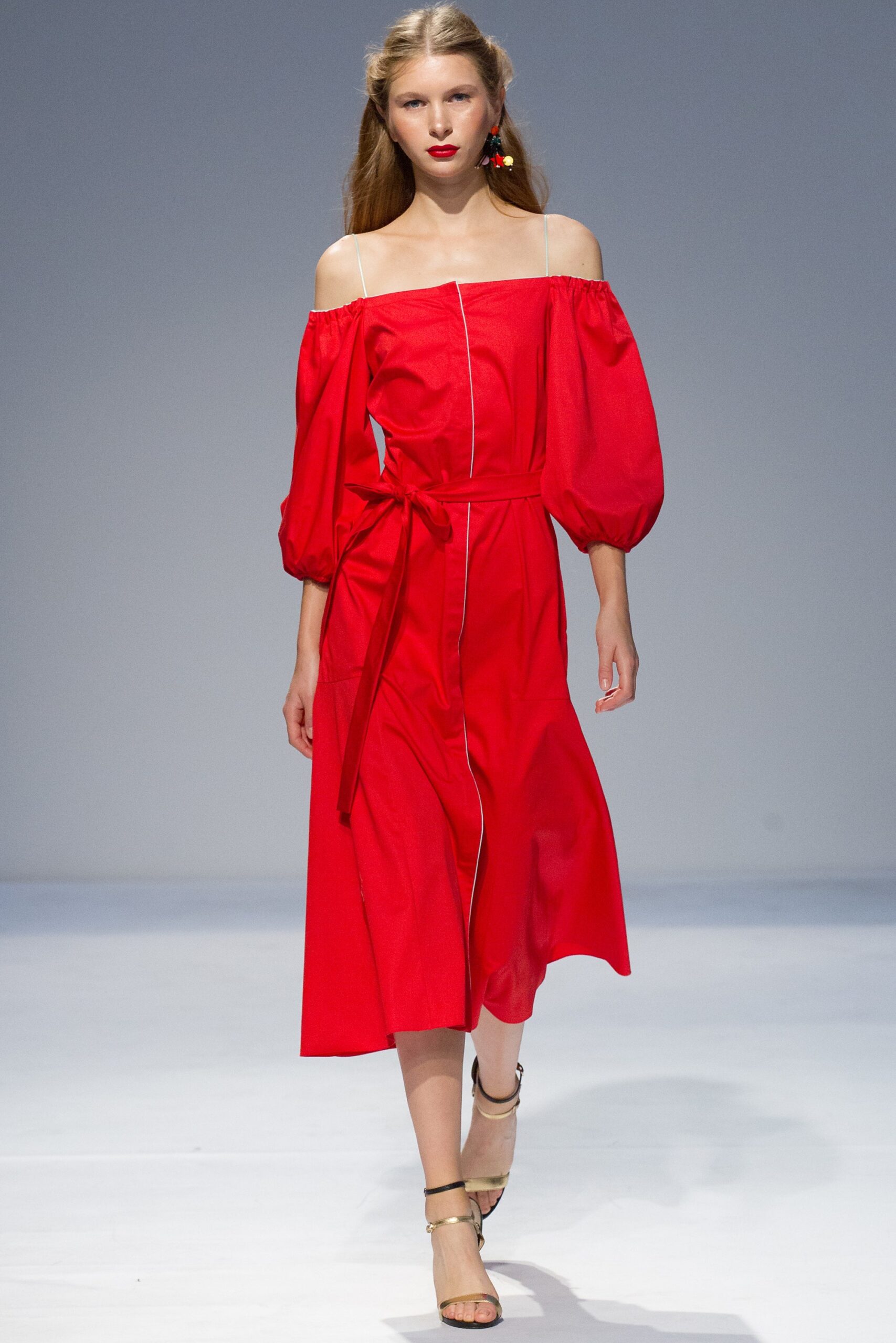 red off-shoulder belted dress
