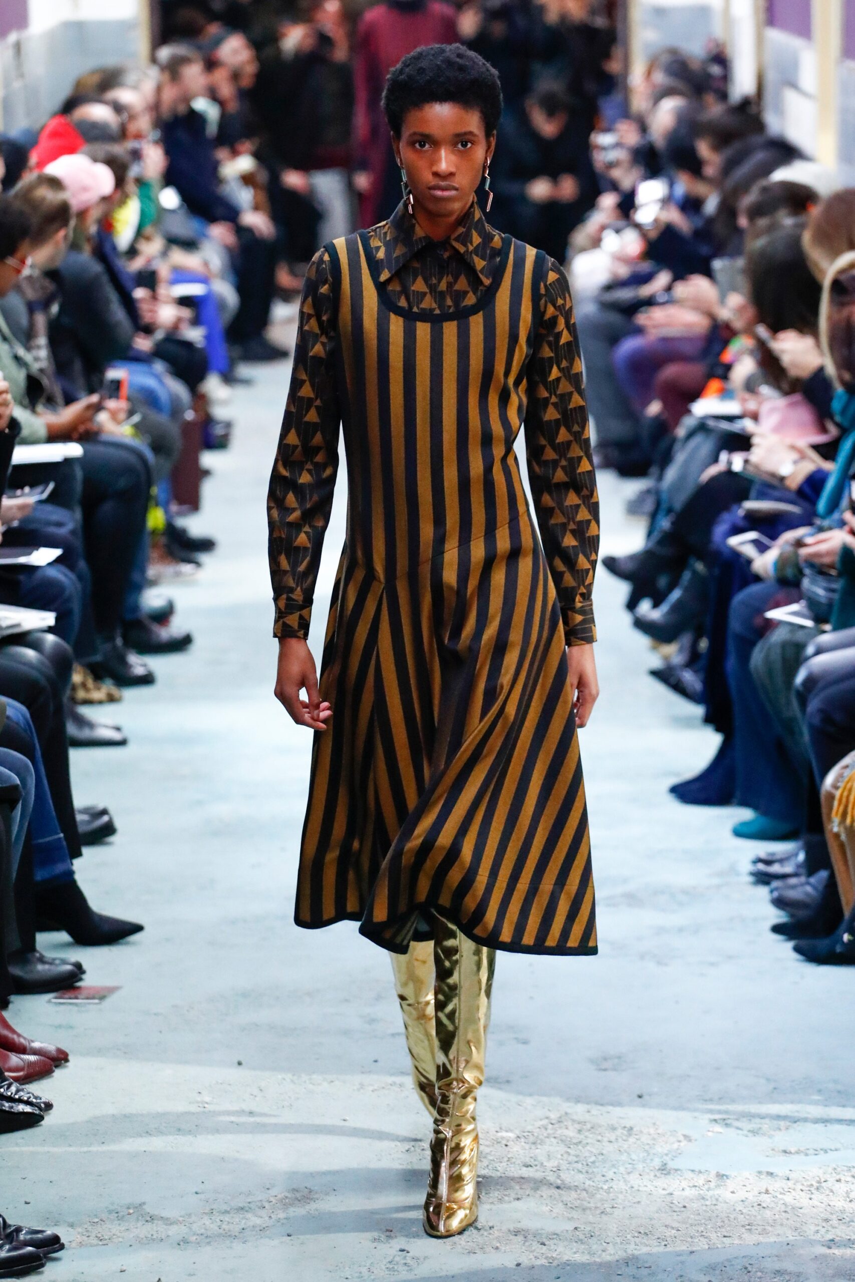 brown and gold striped midi dress