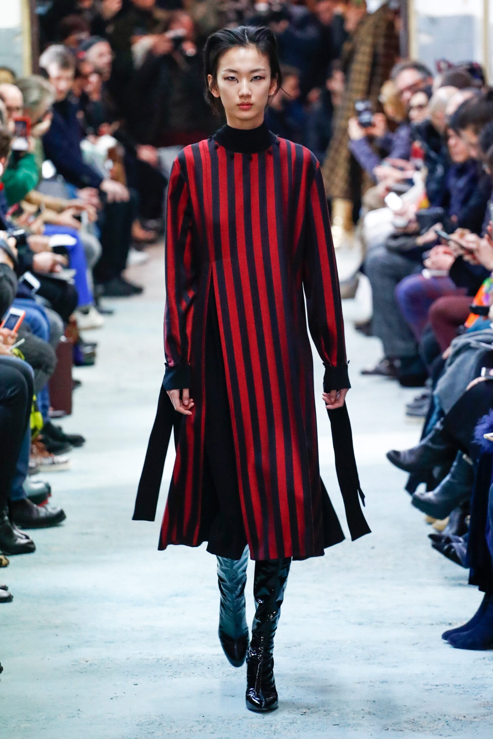 red silk long-sleeve high-neck fitted striped midi dress