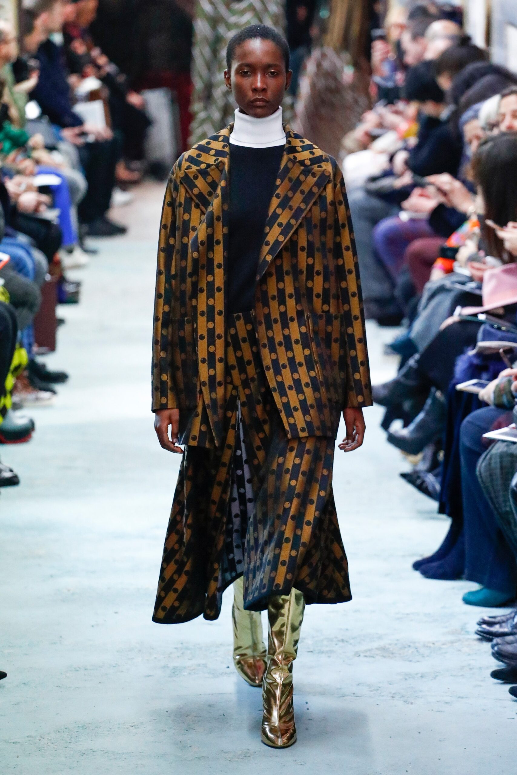 brown printed coat with wide-leg pants