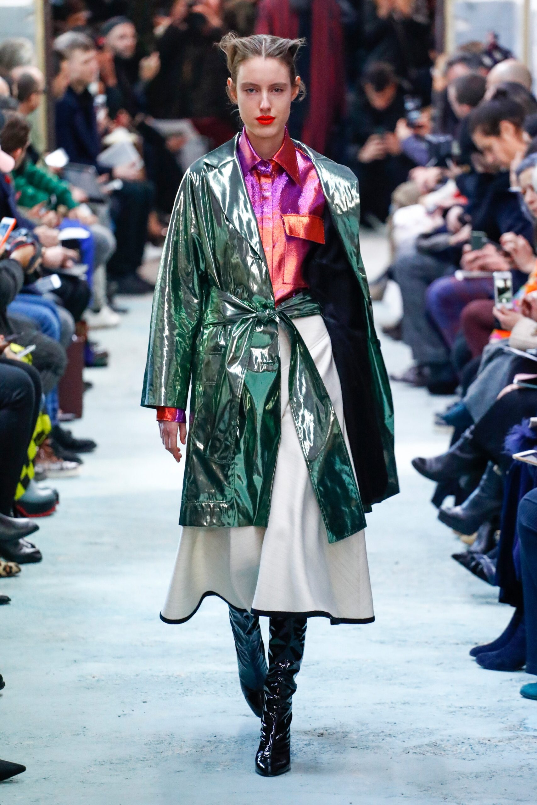 green vinyl long-sleeve collared fitted belted shiny coat