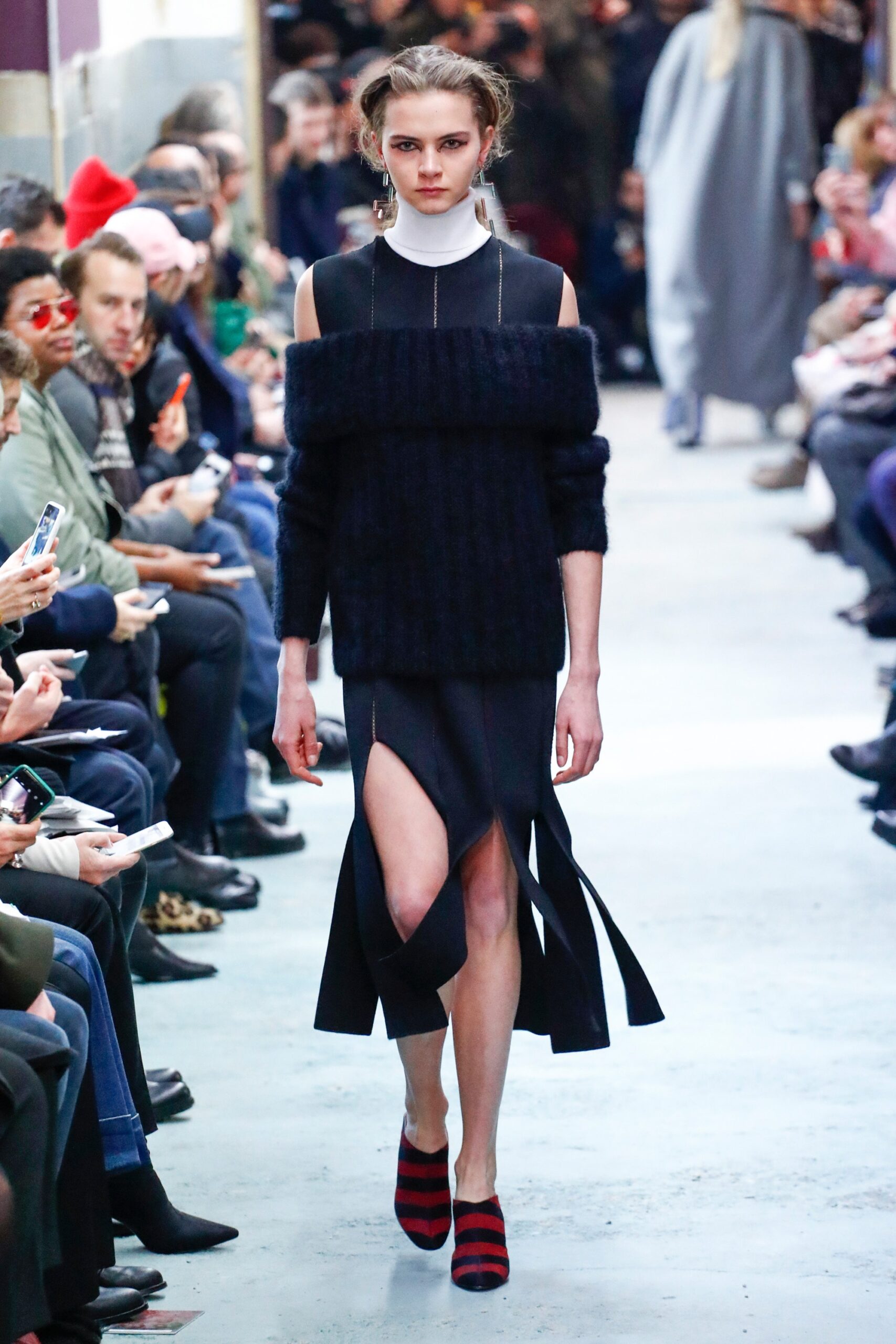 black wool sleeveless high-neck fitted layered midi dress