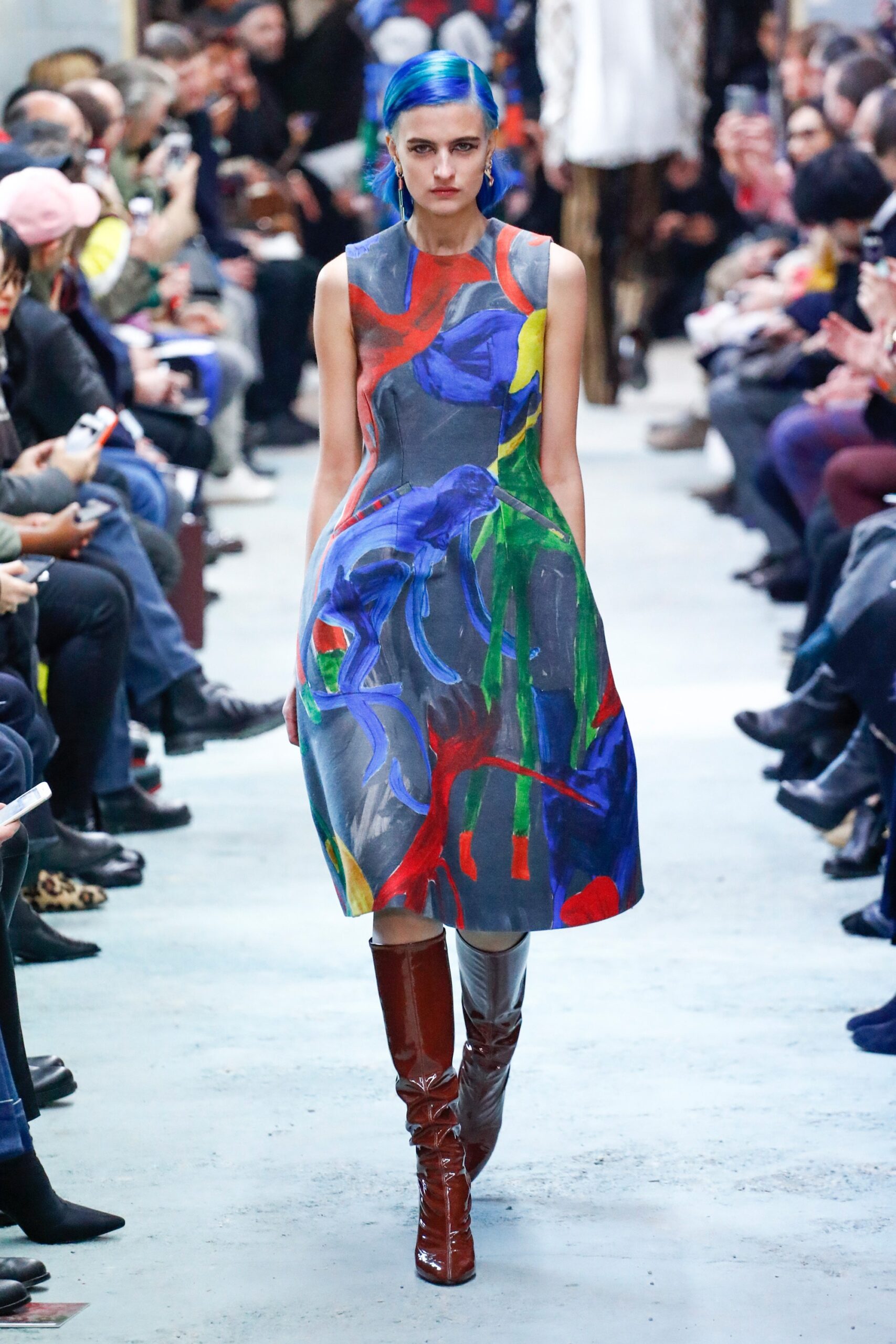 multi cotton sleeveless high-neck fitted printed midi dress