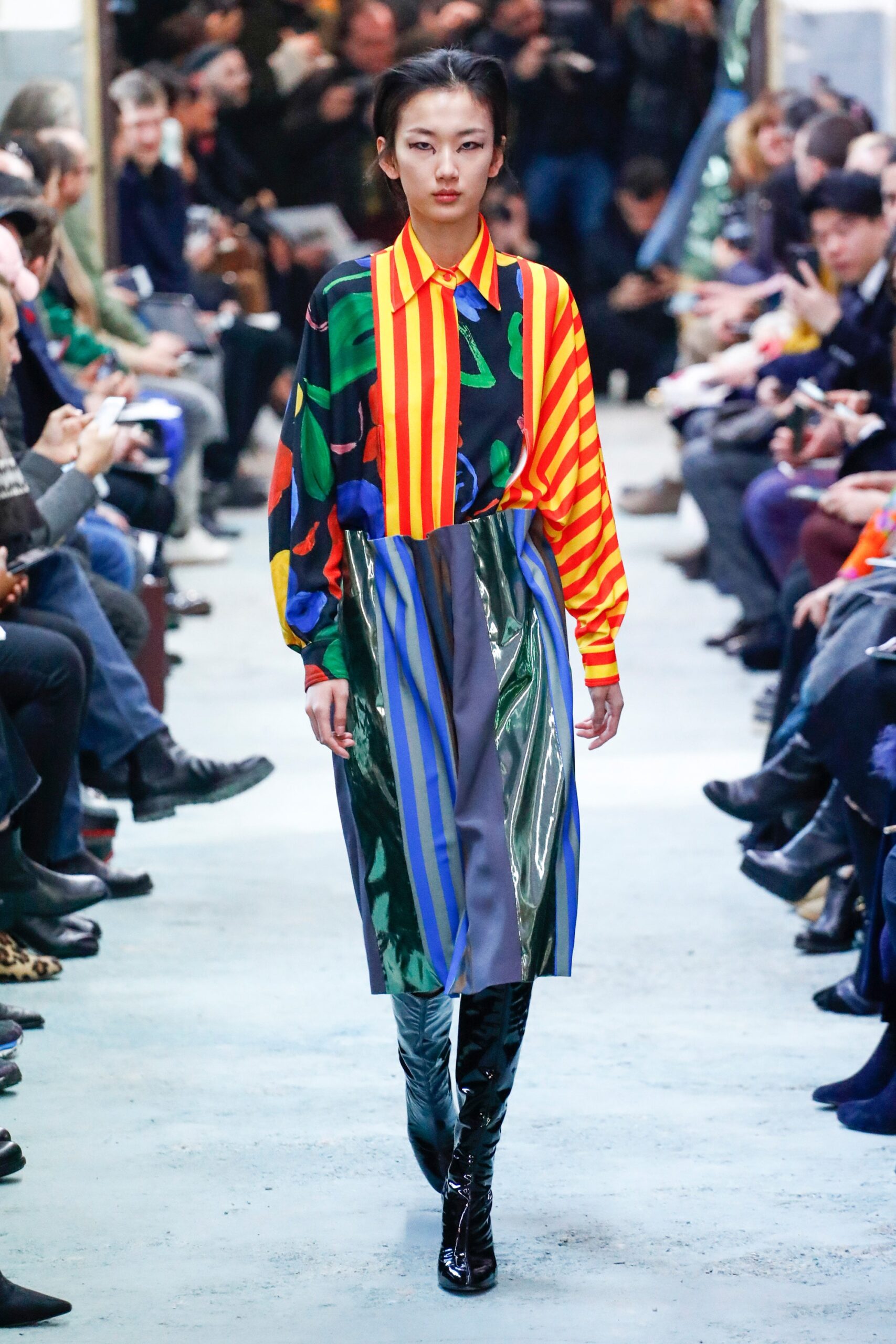 color-blocked midi dress with boots