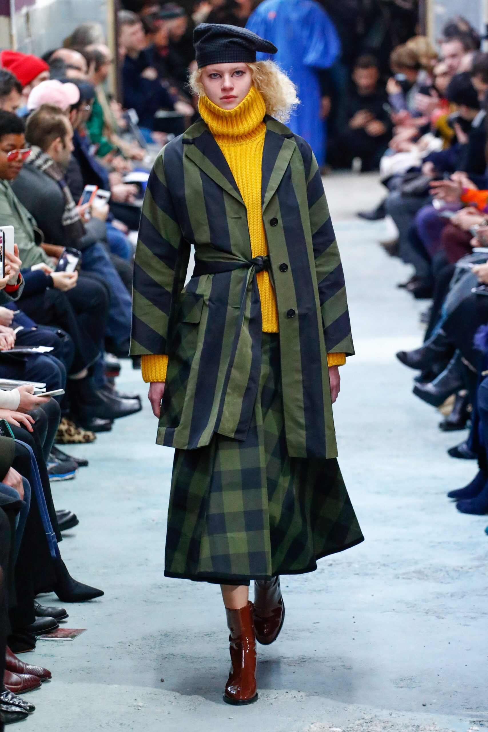 green fitted checked a-line midi skirt