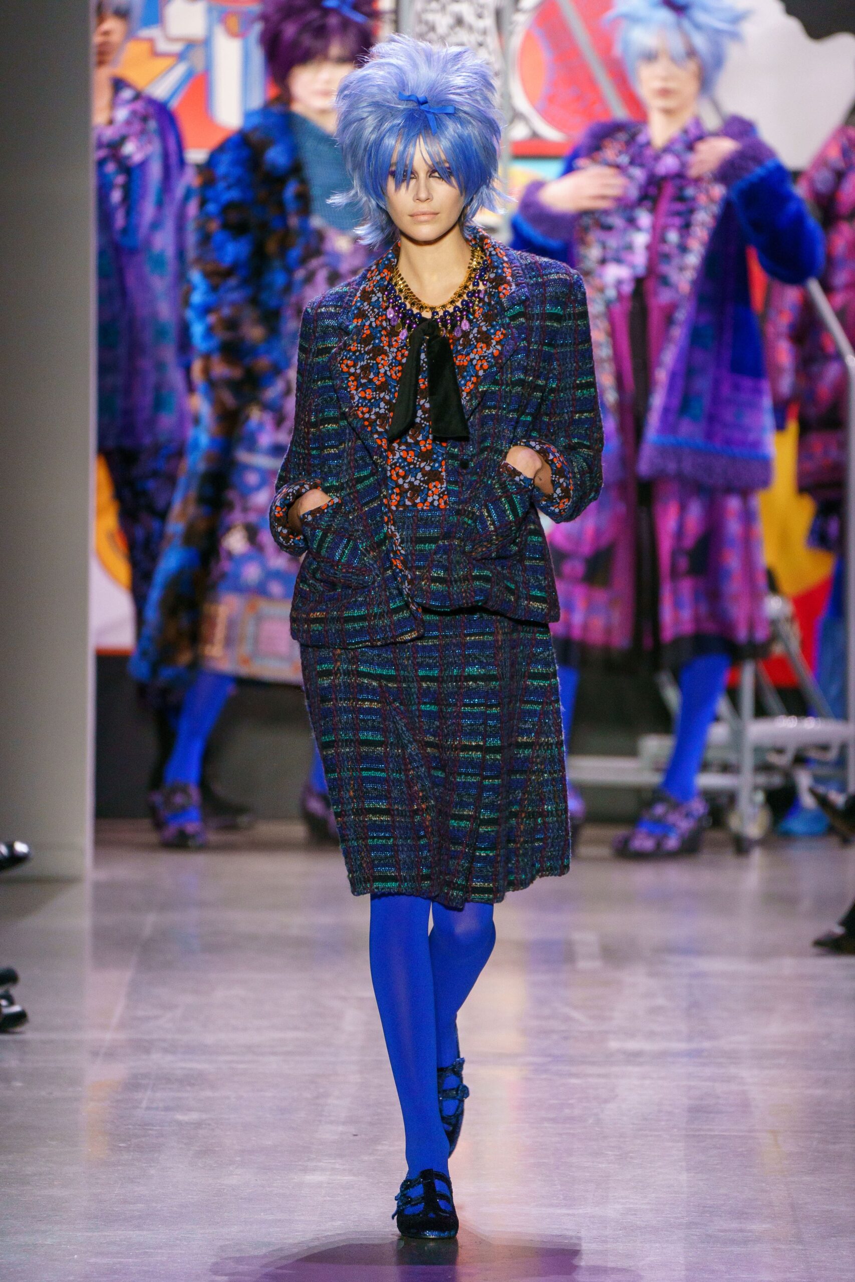 blue and purple tweed blazer and skirt