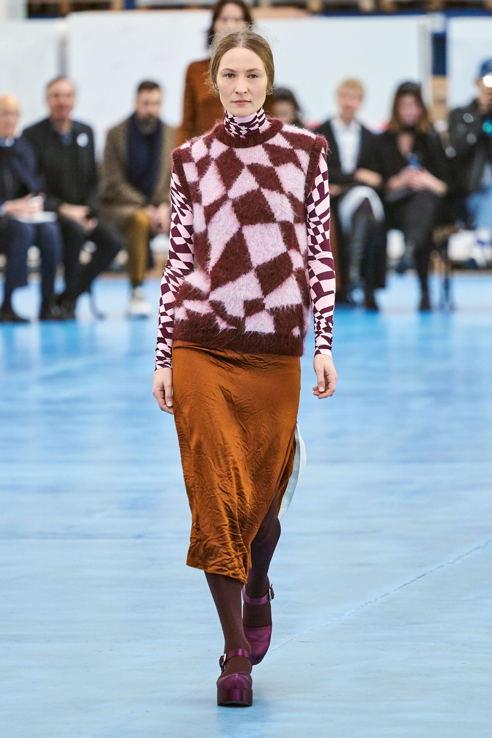 pink and brown checked top with orange midi skirt