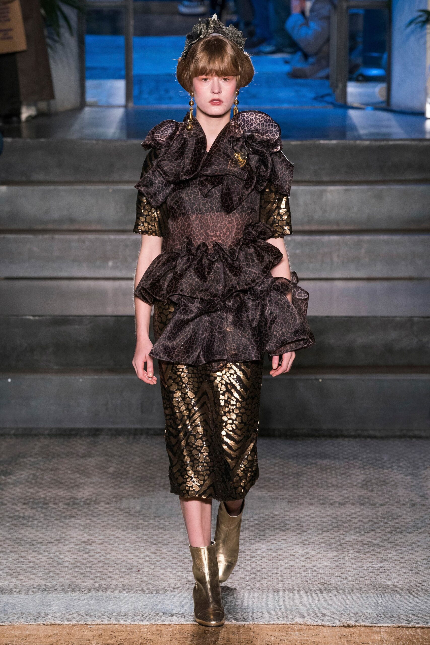gold and black ruffled midi dress