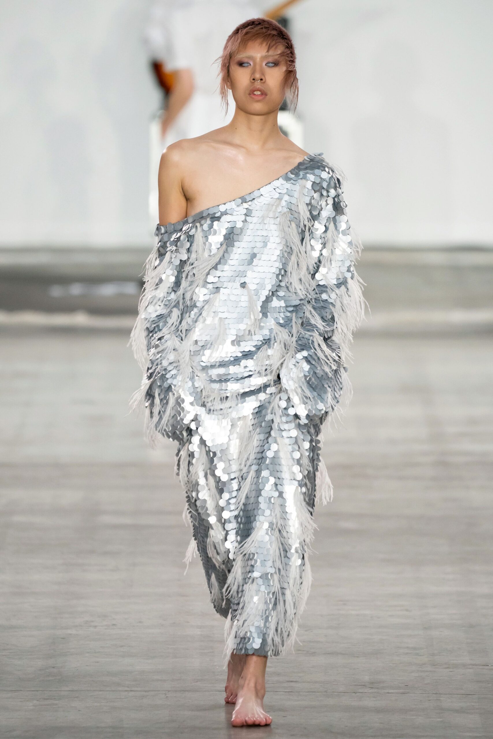 silver sequined off-shoulder dress