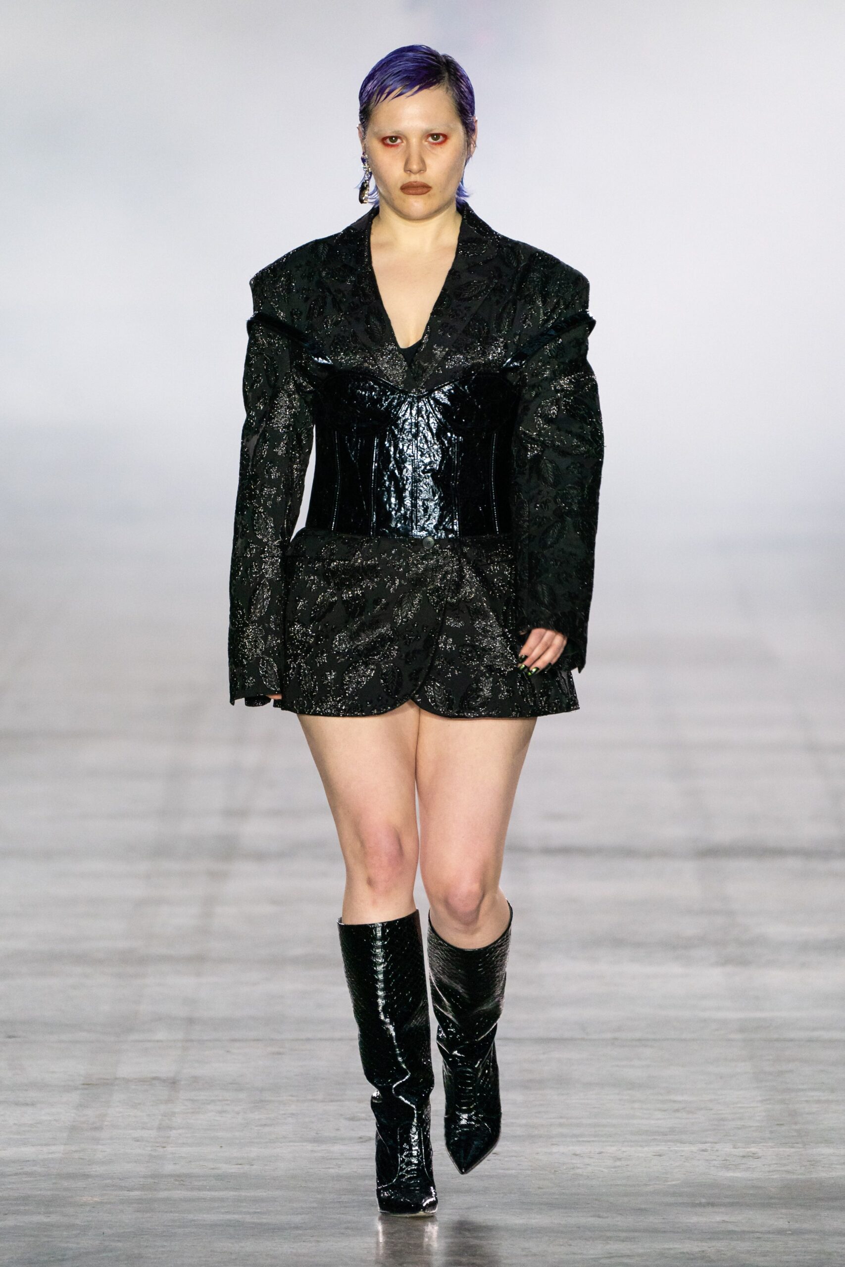 black leather long-sleeve v-neck fitted structured zippered dress
