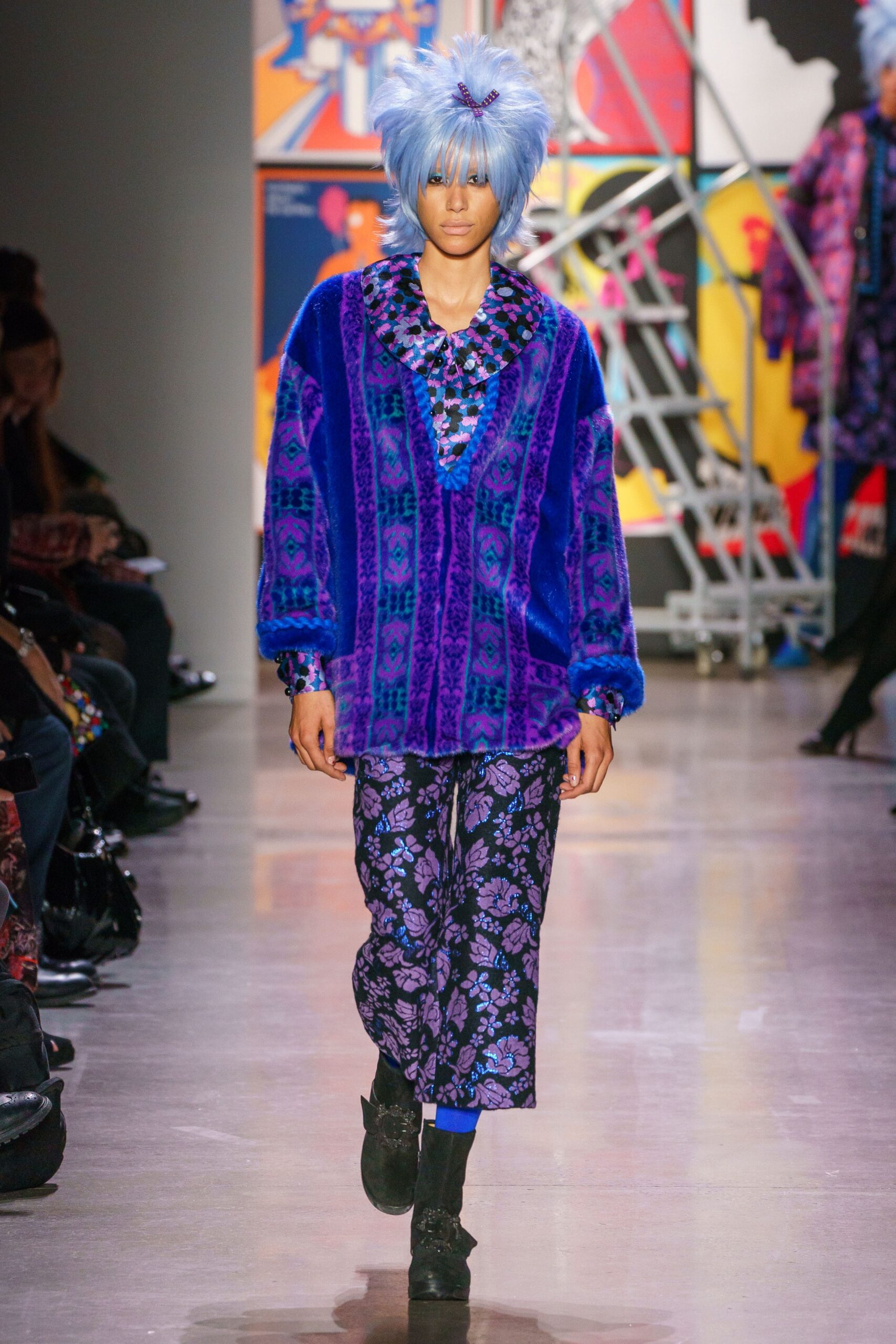 blue velvet relaxed jacket with flared pants