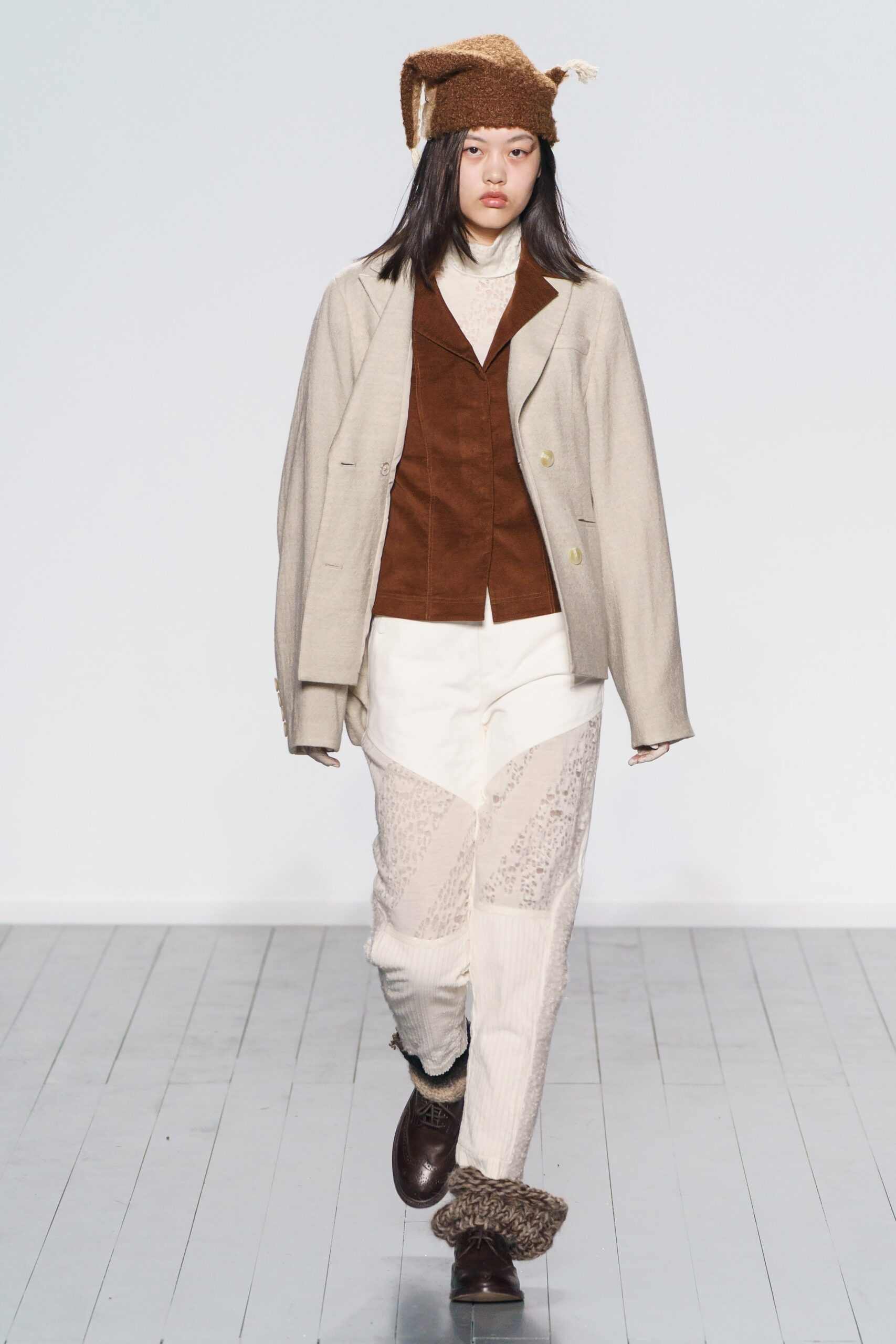 gray wool jacket brown blazer white pants