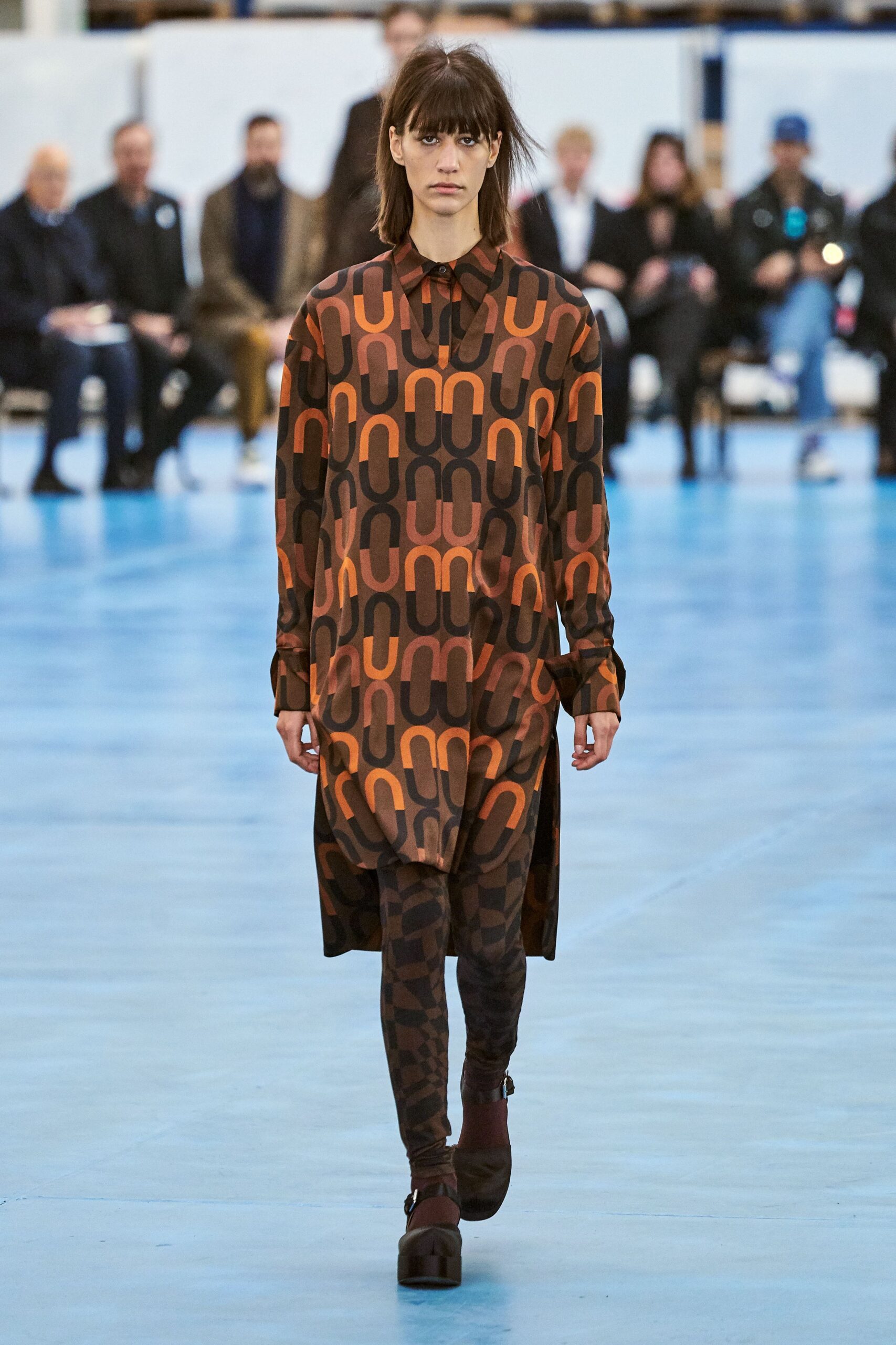 brown printed shirt-dress with leggings
