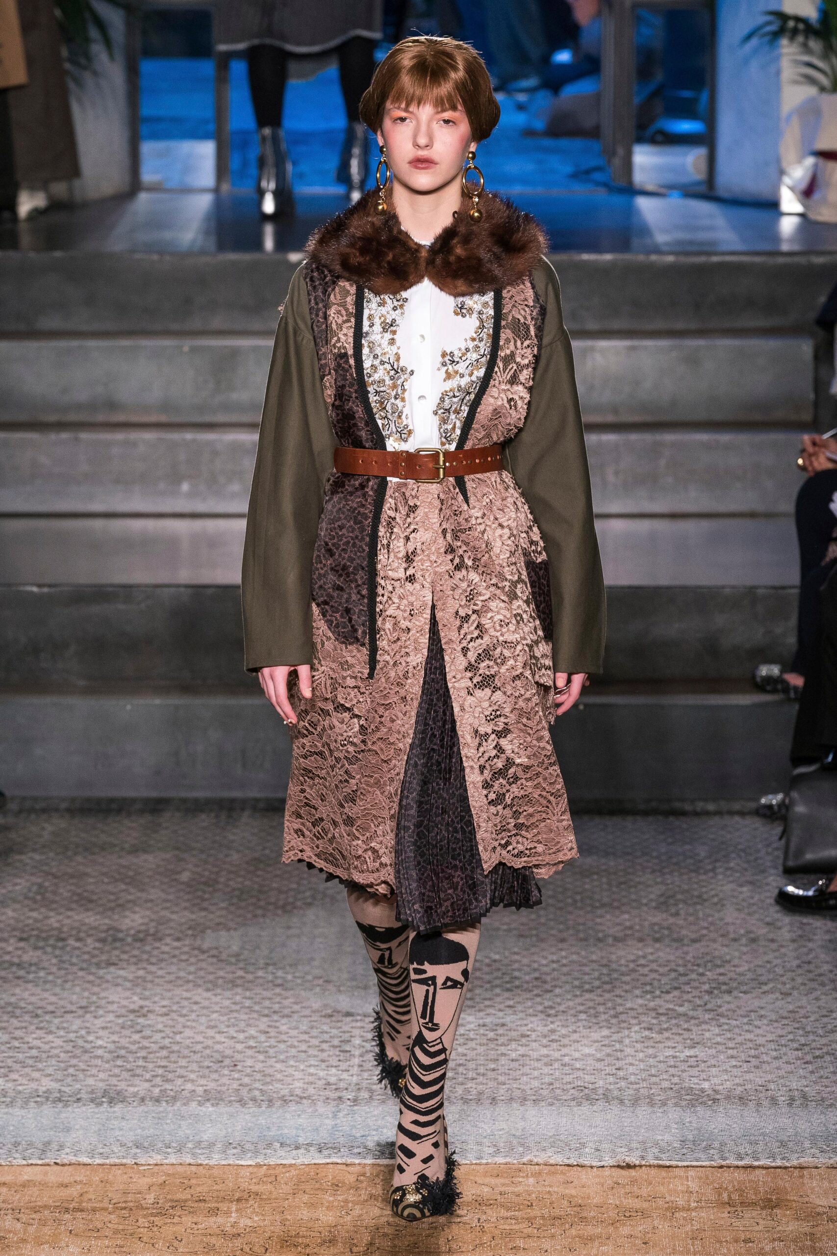 brown silk long-sleeve collared fitted belted layered dress