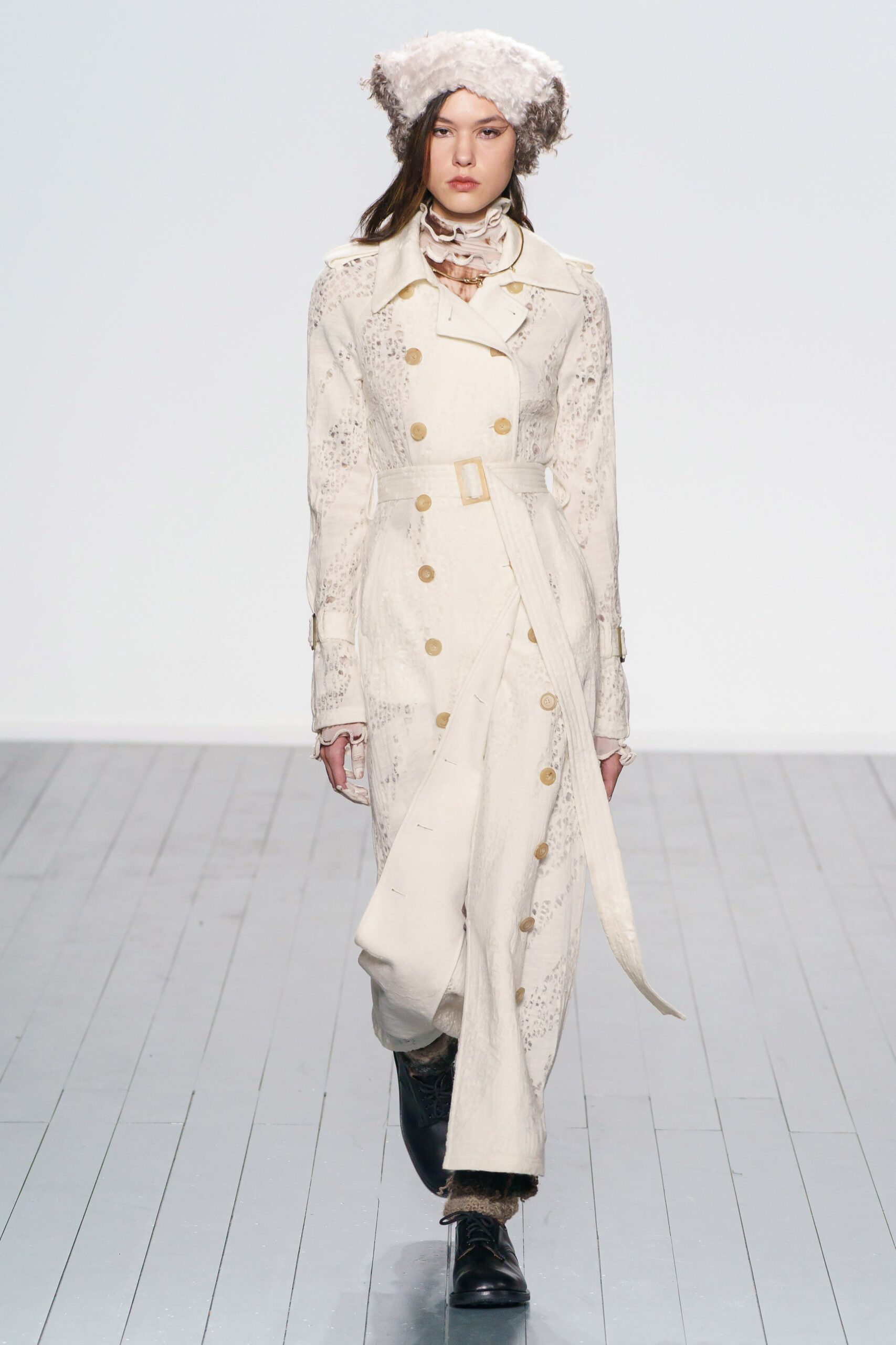 white embroidered trench coat with hat