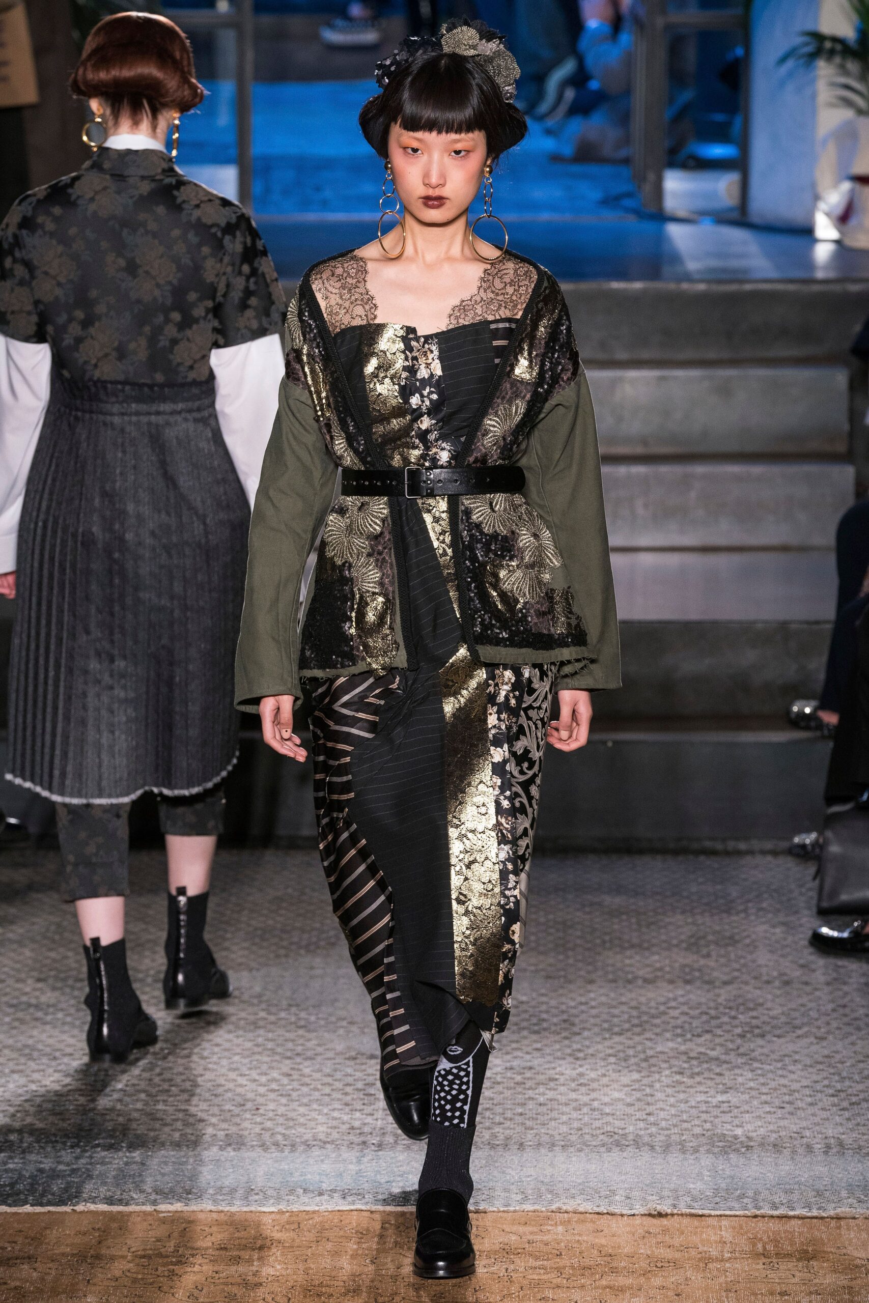 black silk long-sleeve v-neck fitted layered embroidered dress