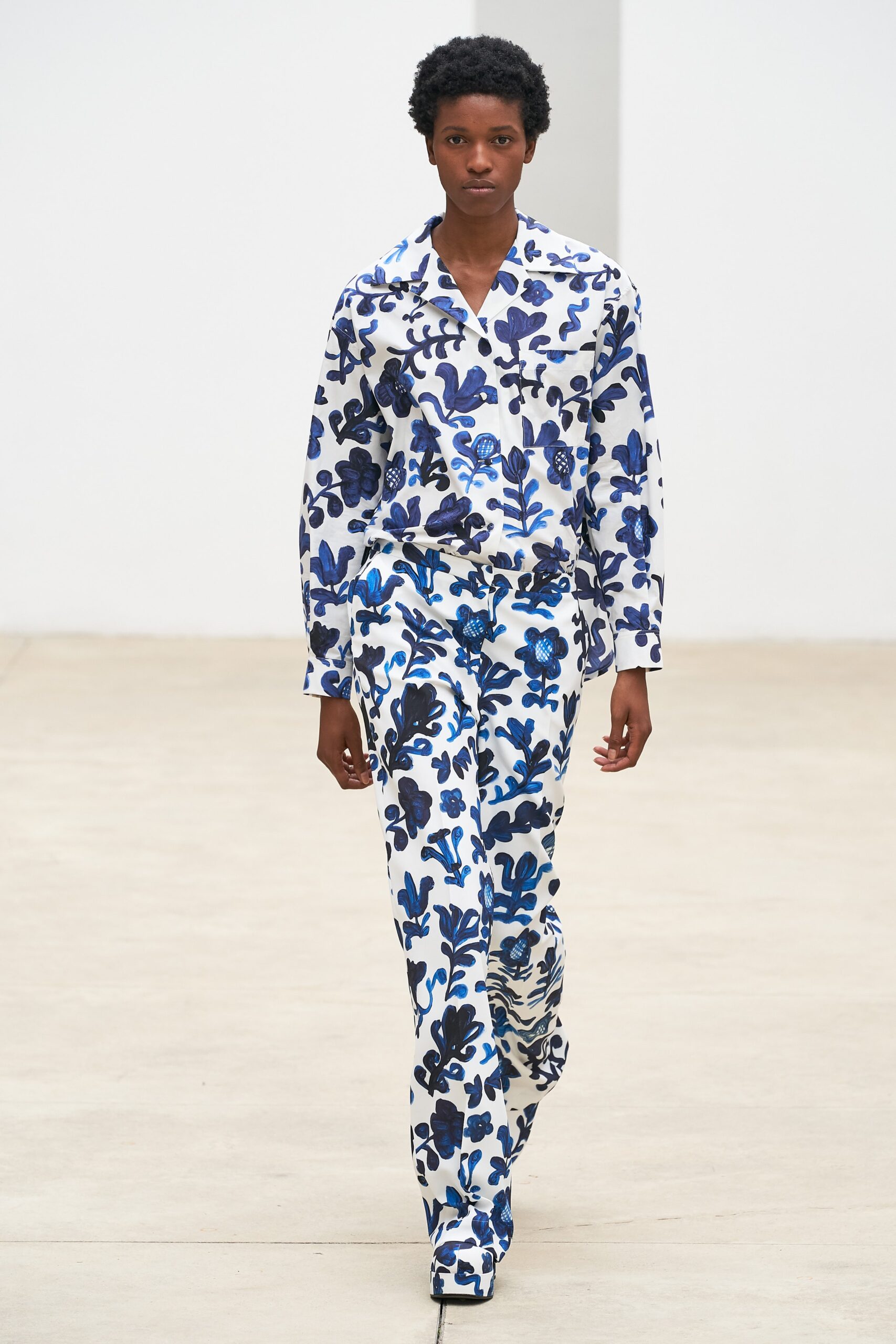 printed blue and white shirt and pants