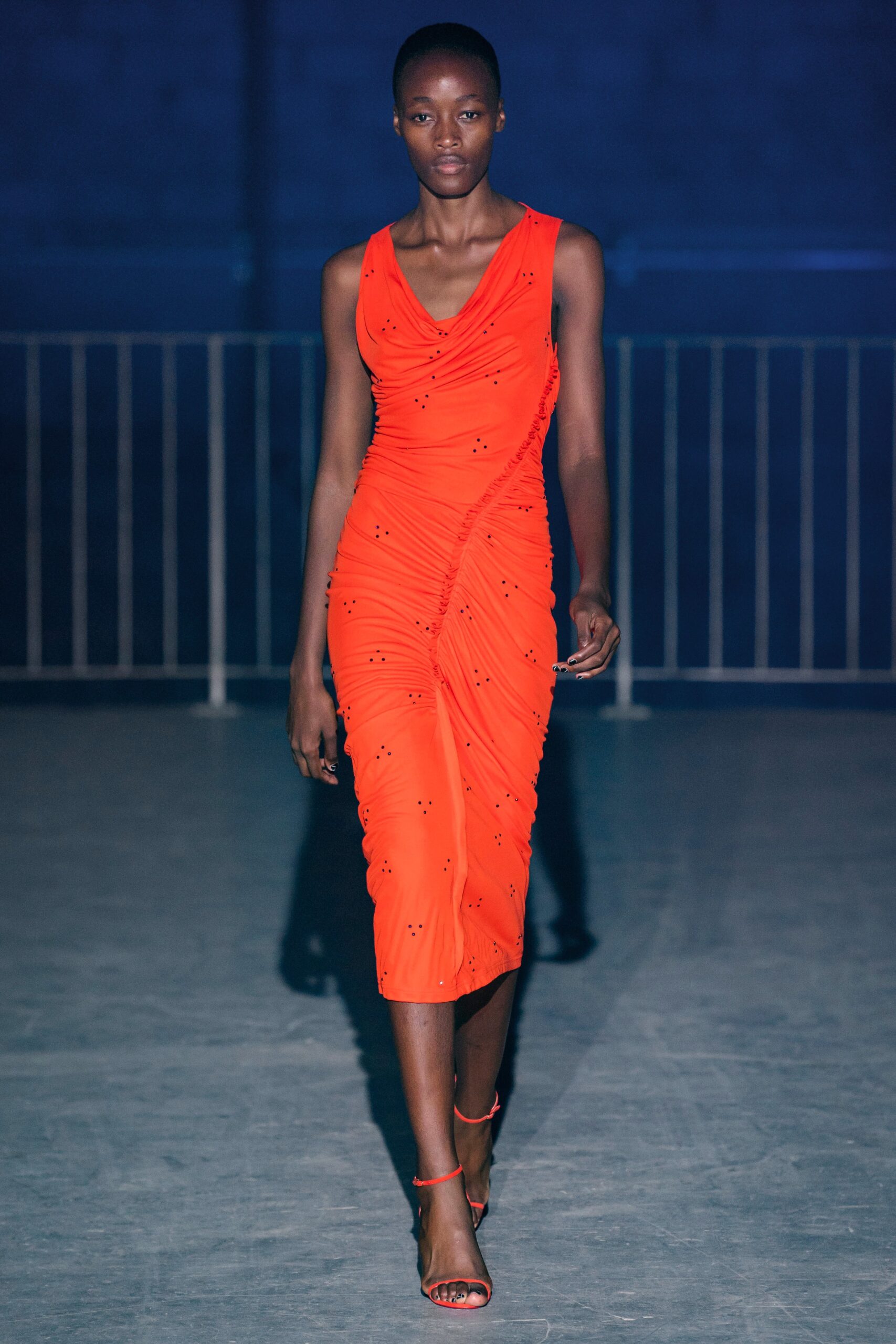fitted orange silk midi dress