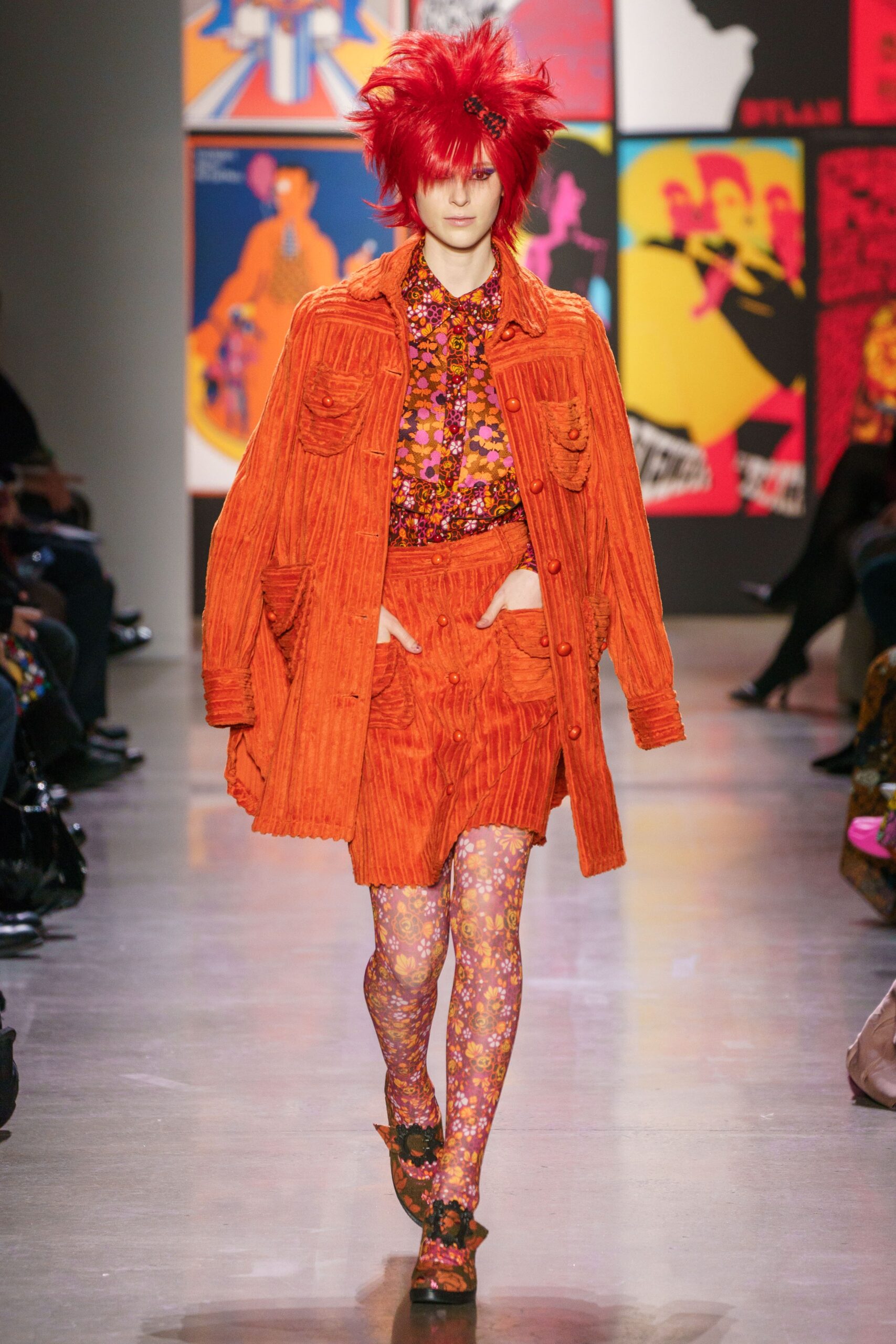 orange jacket floral blouse mini skirt
