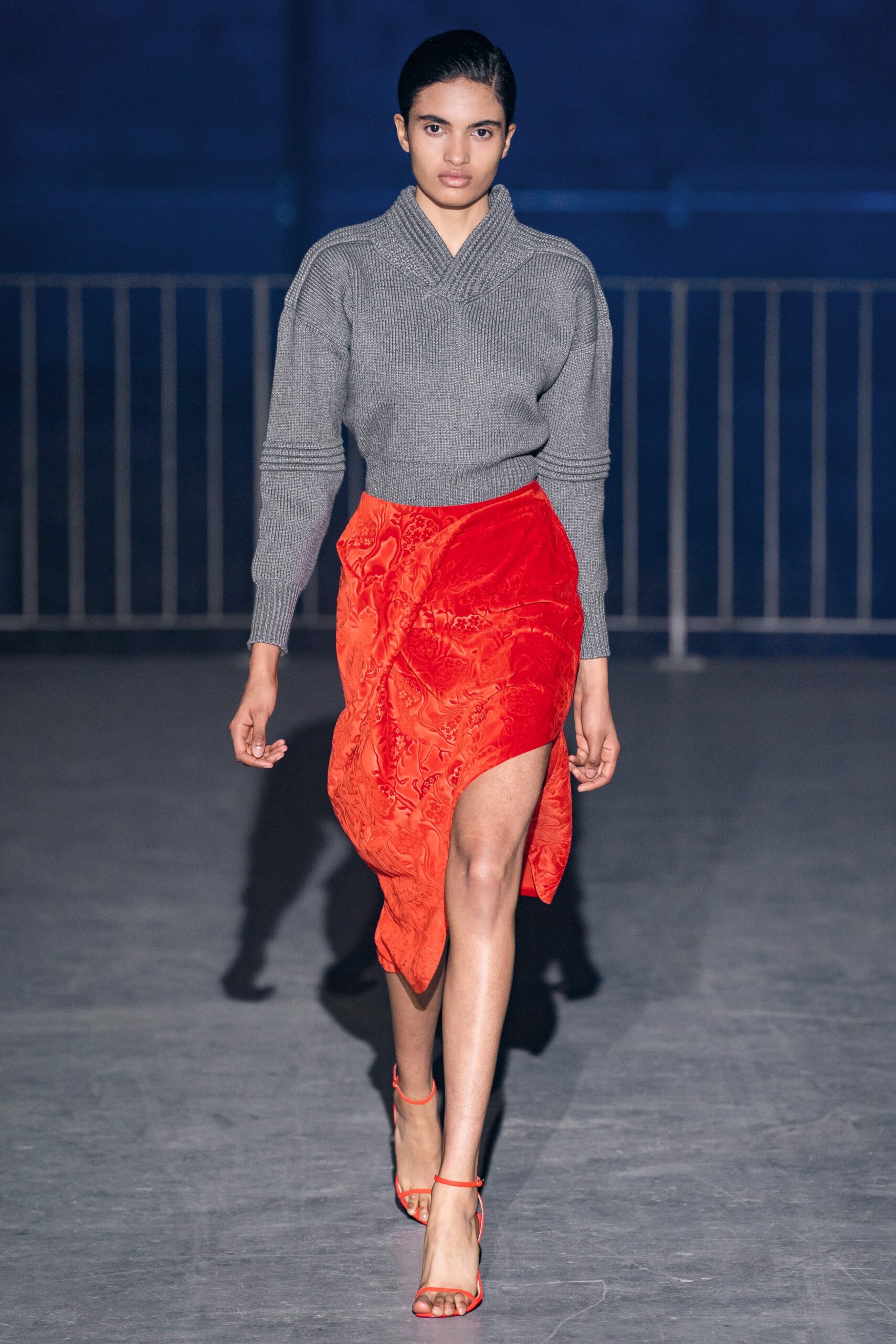 red silk asymmetric fitted ruched shiny skirt