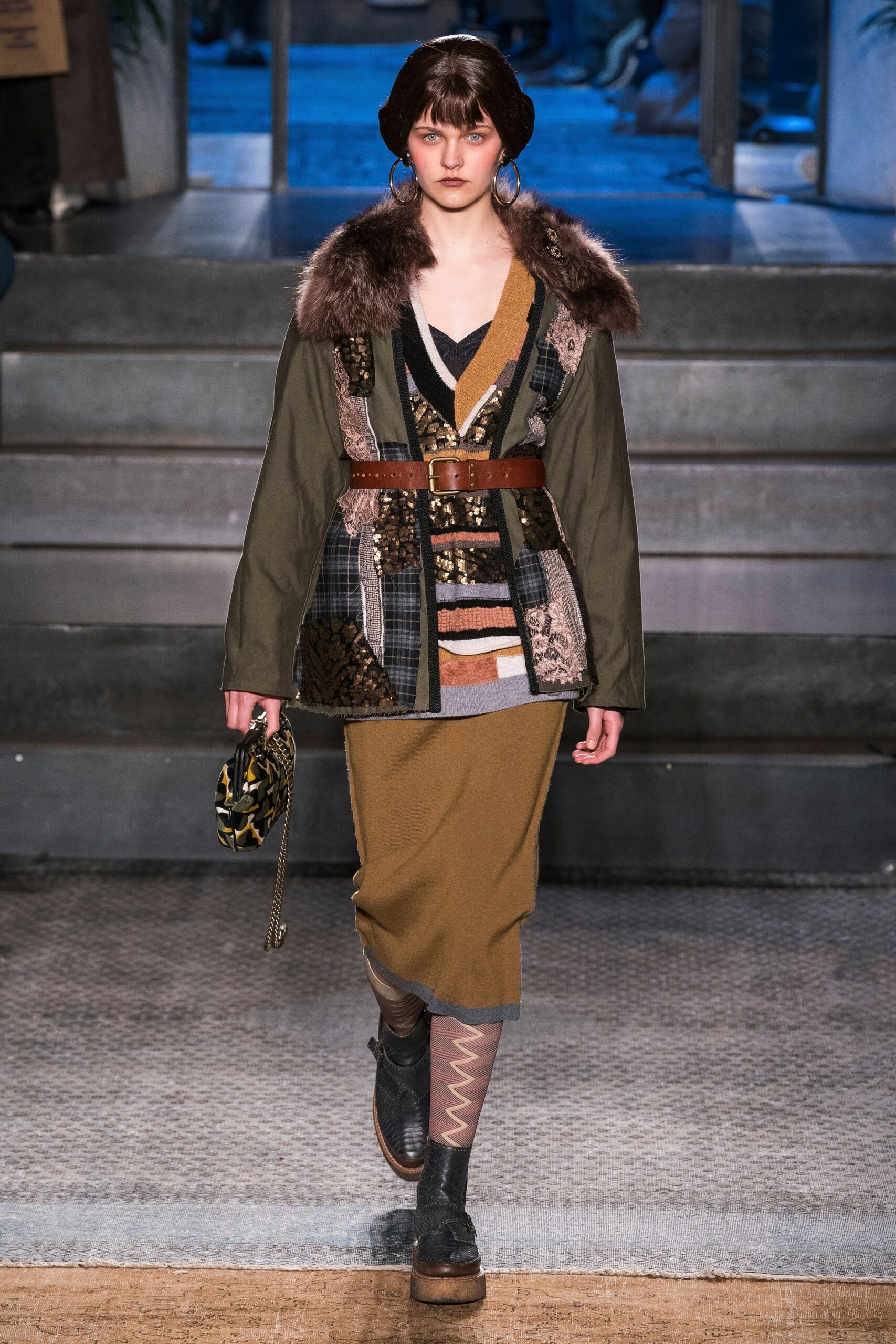 relaxed patchwork jacket with midi skirt
