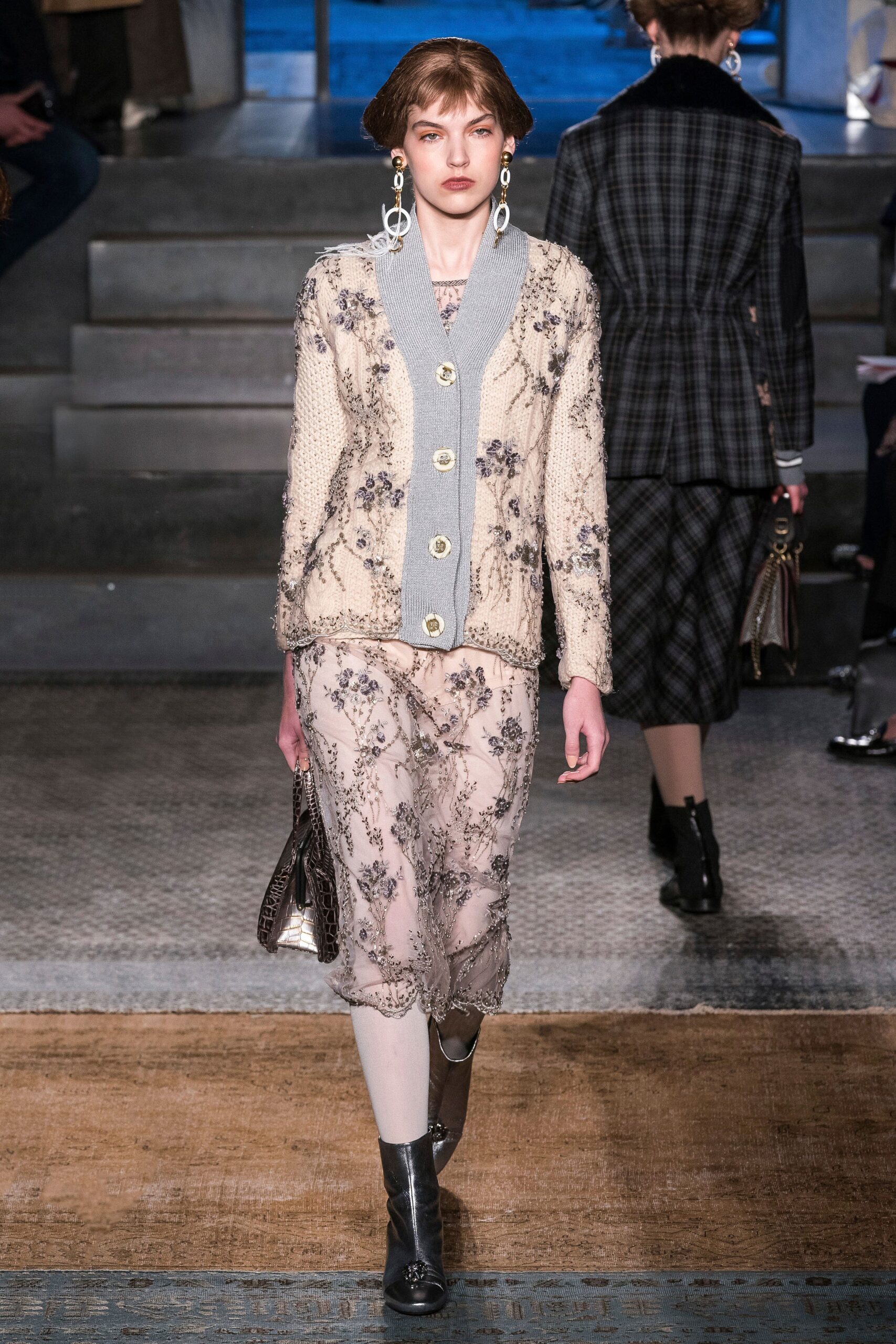 embroidered beige midi dress and cardigan