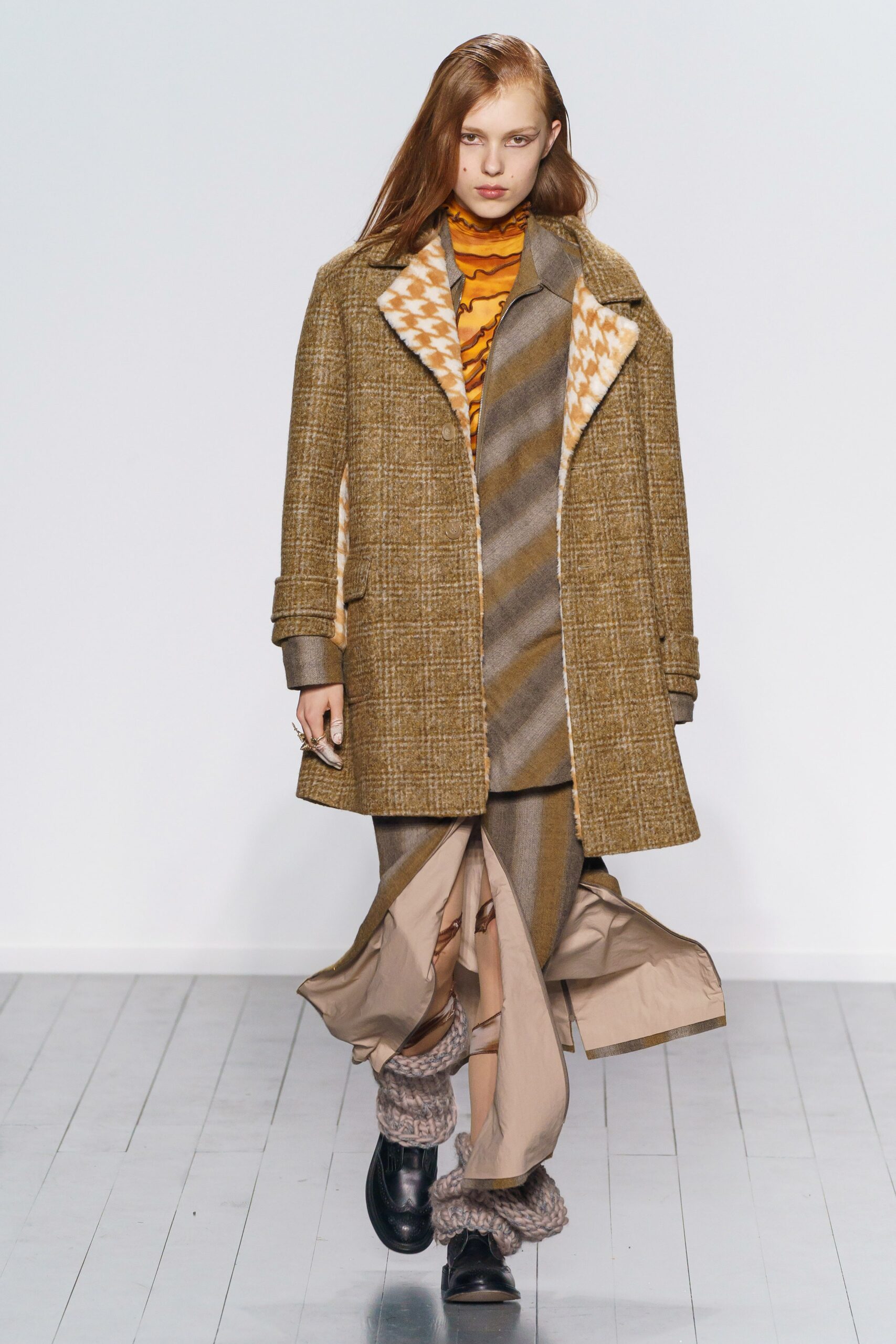 brown wool coat with striped top