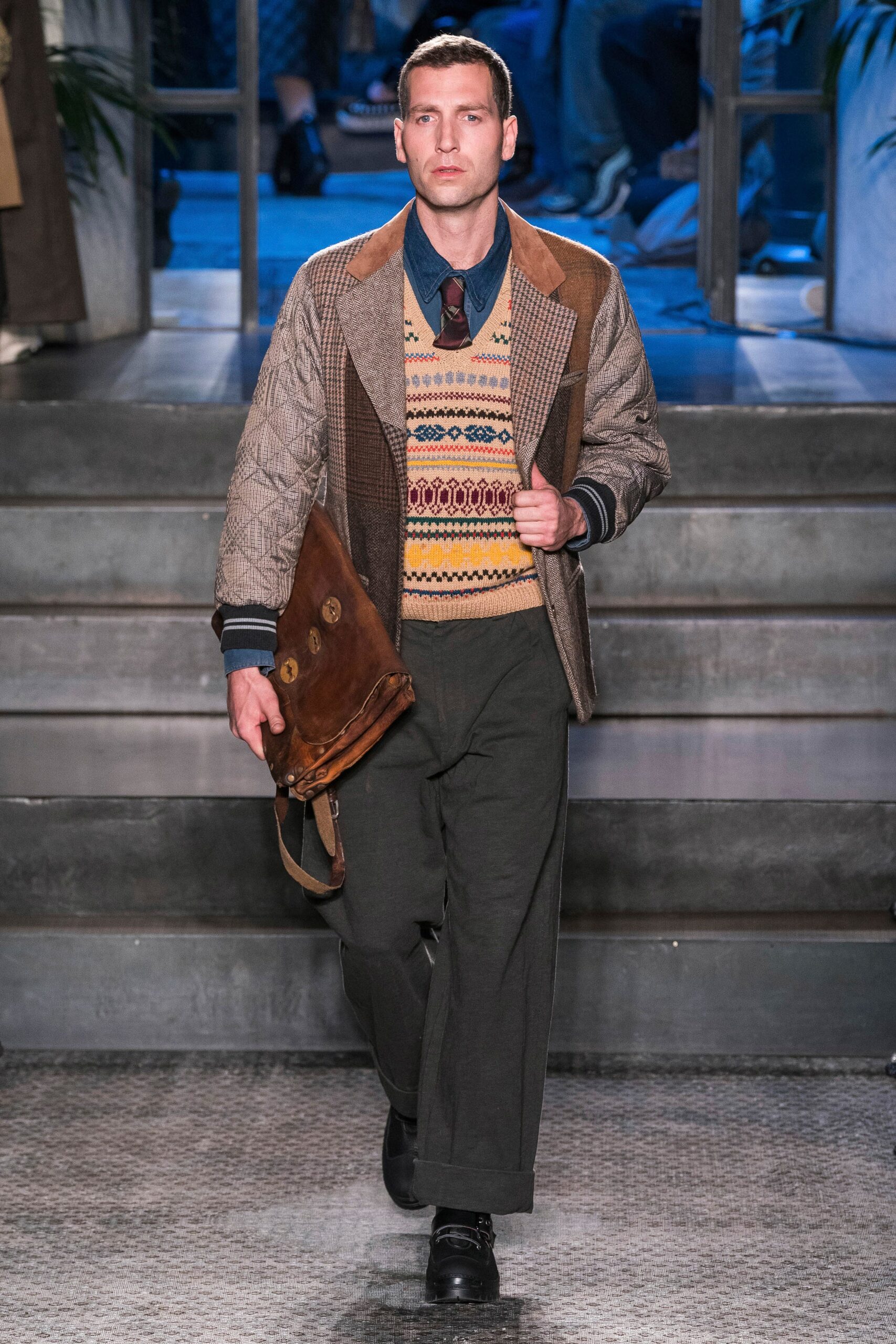 brown patchwork jacket with multi sweater