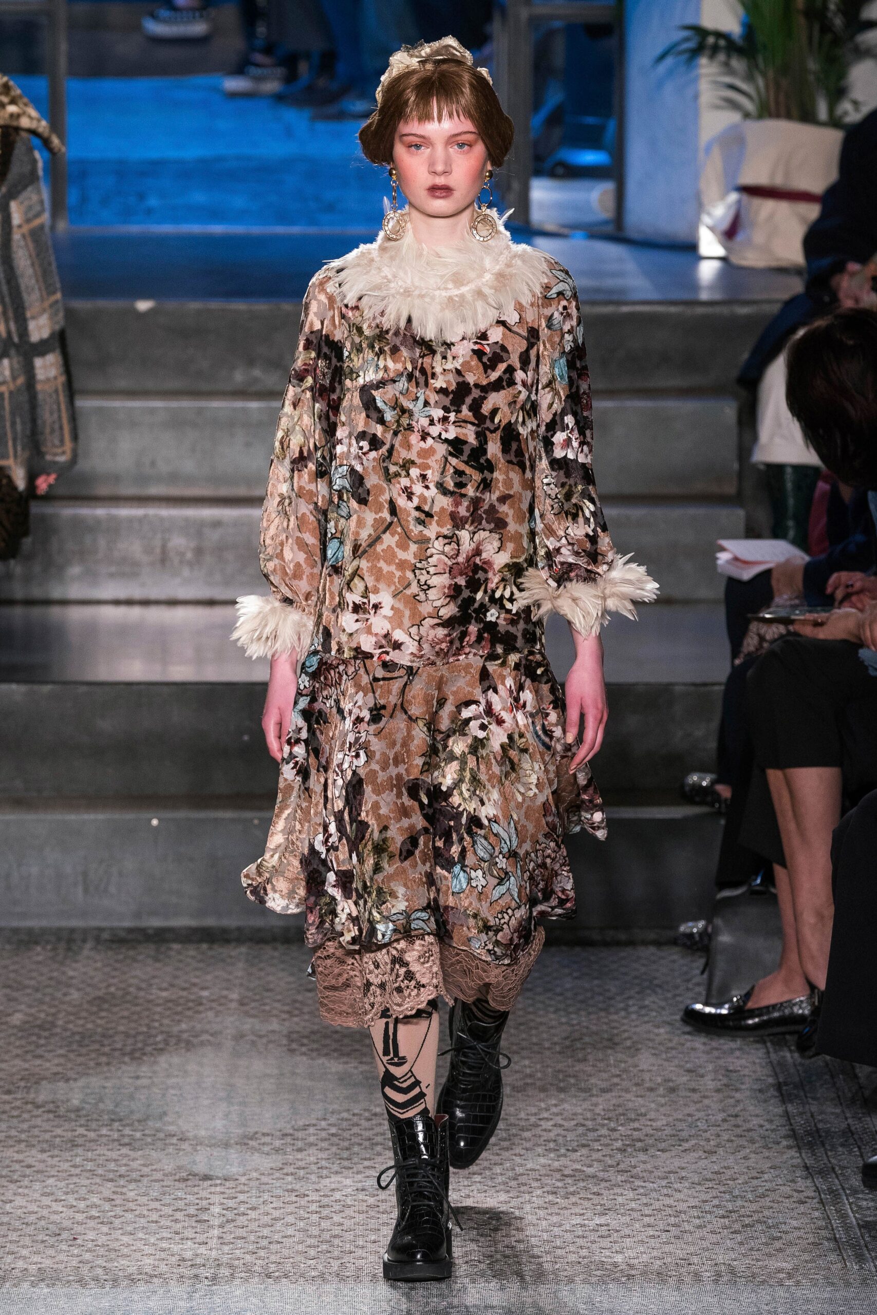 brown silk long-sleeve high-neck relaxed floral flared dress