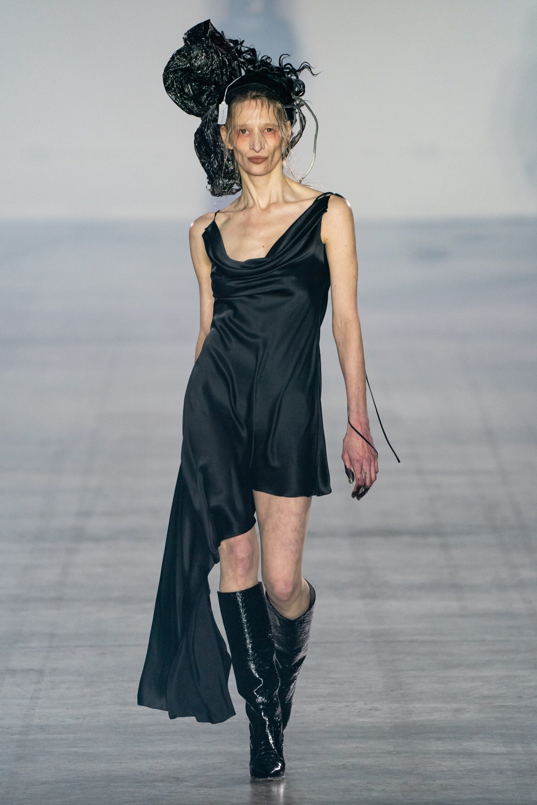 black silk mini dress with boots