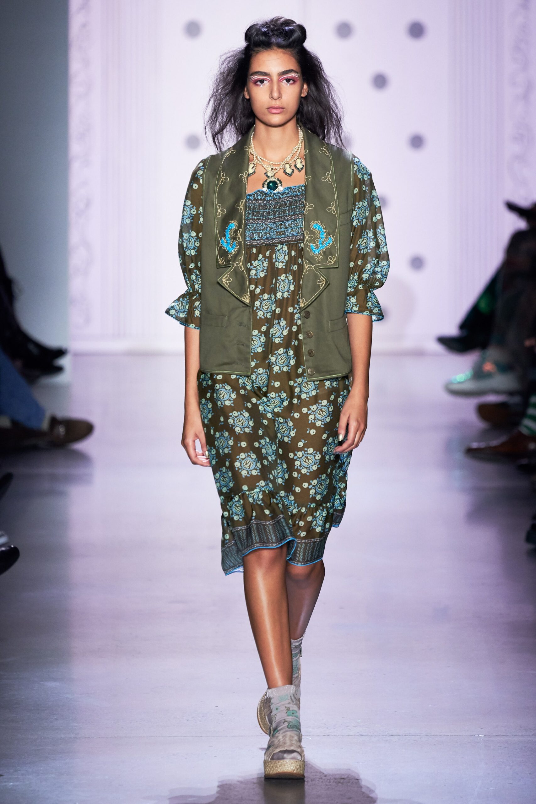 floral midi dress with olive jacket