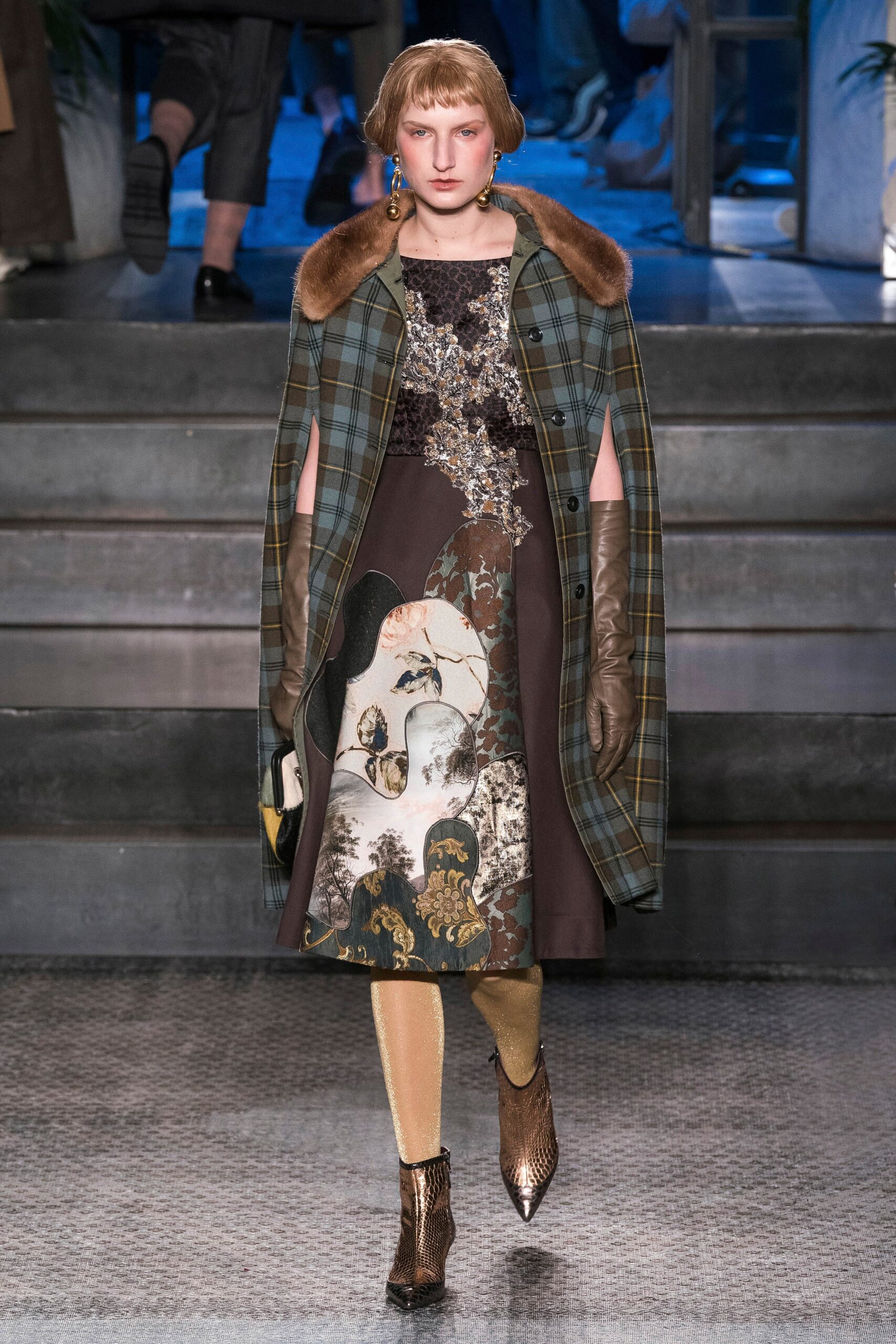 brown printed midi dress with cape