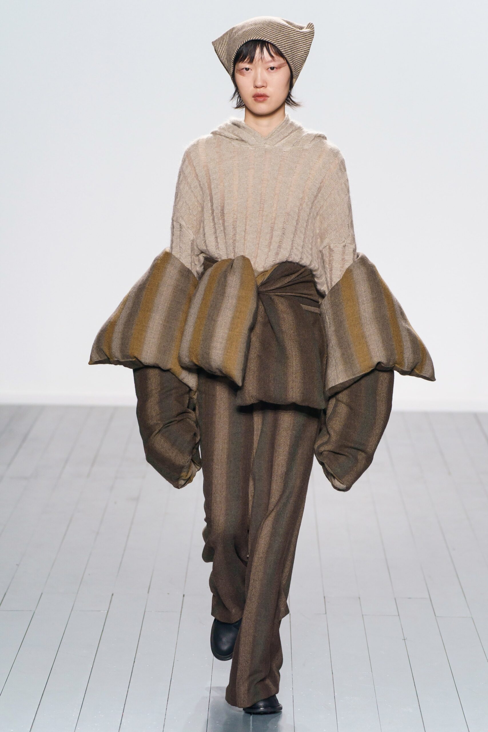 beige wool long-sleeve hooded relaxed layered top