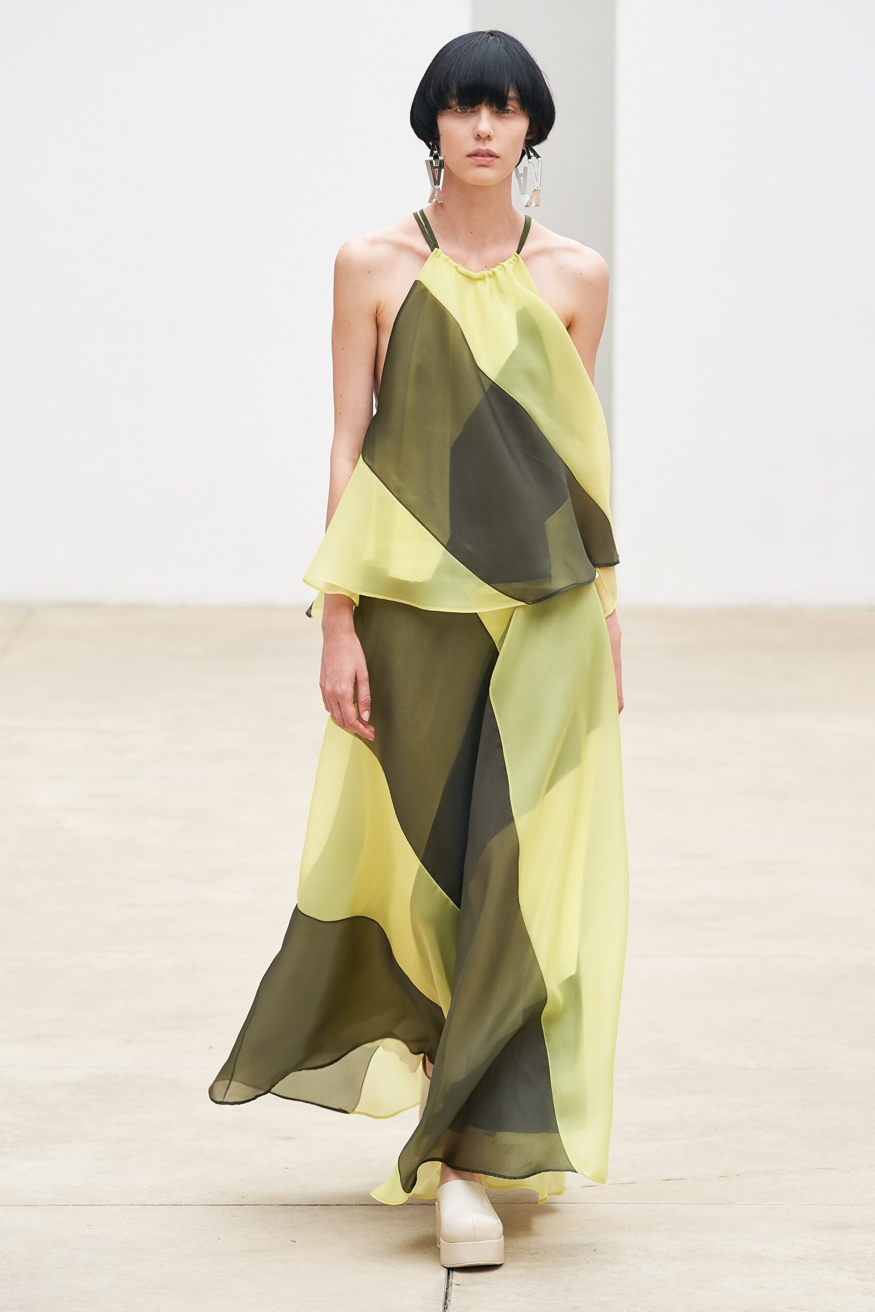 yellow green layered halter dress