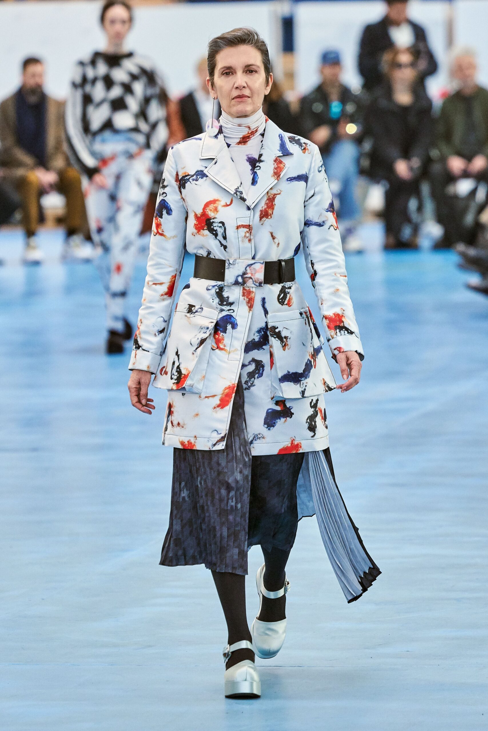 printed fitted coat with layered skirt