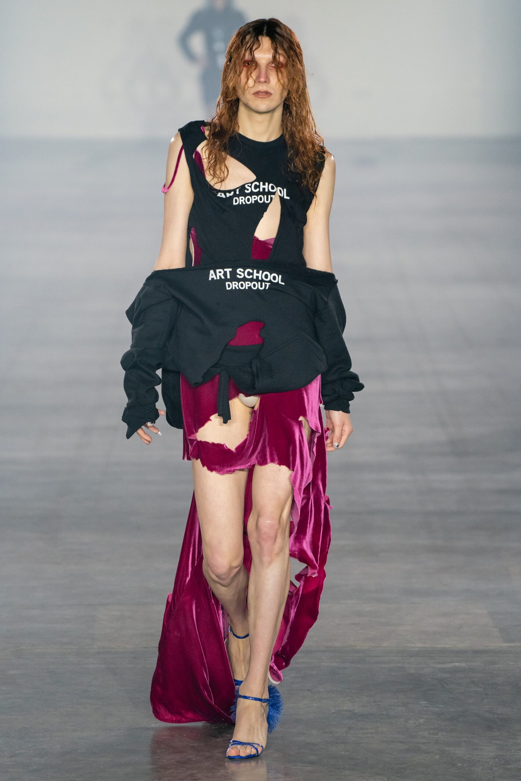 pink velvet asymmetric midi dress with oversized black jacket