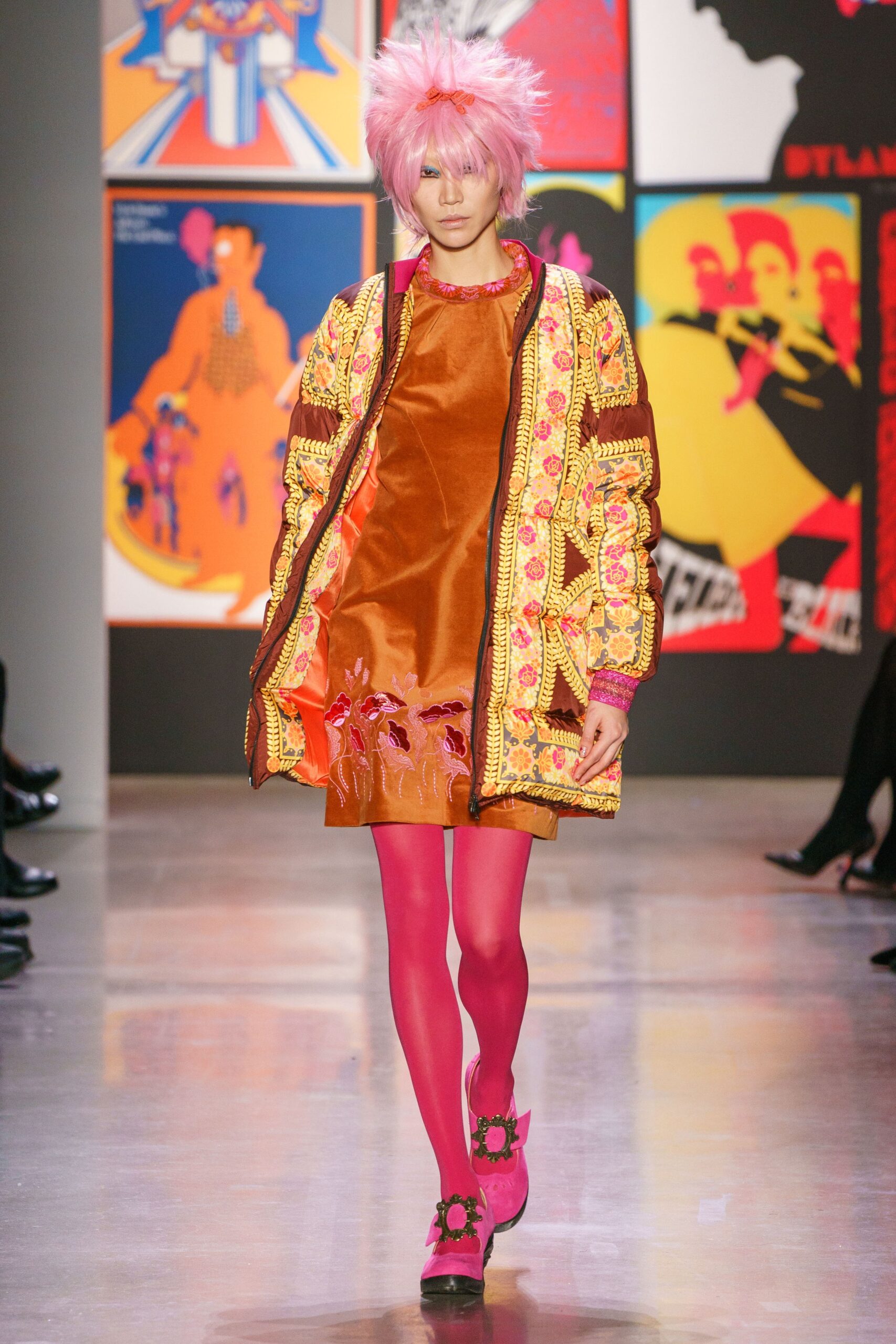 oversized embroidered coat and mini dress