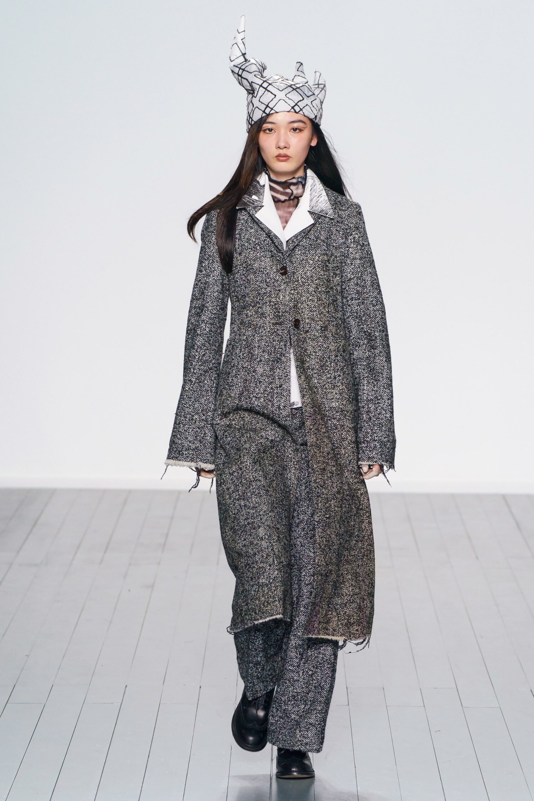 gray wool coat with white blouse