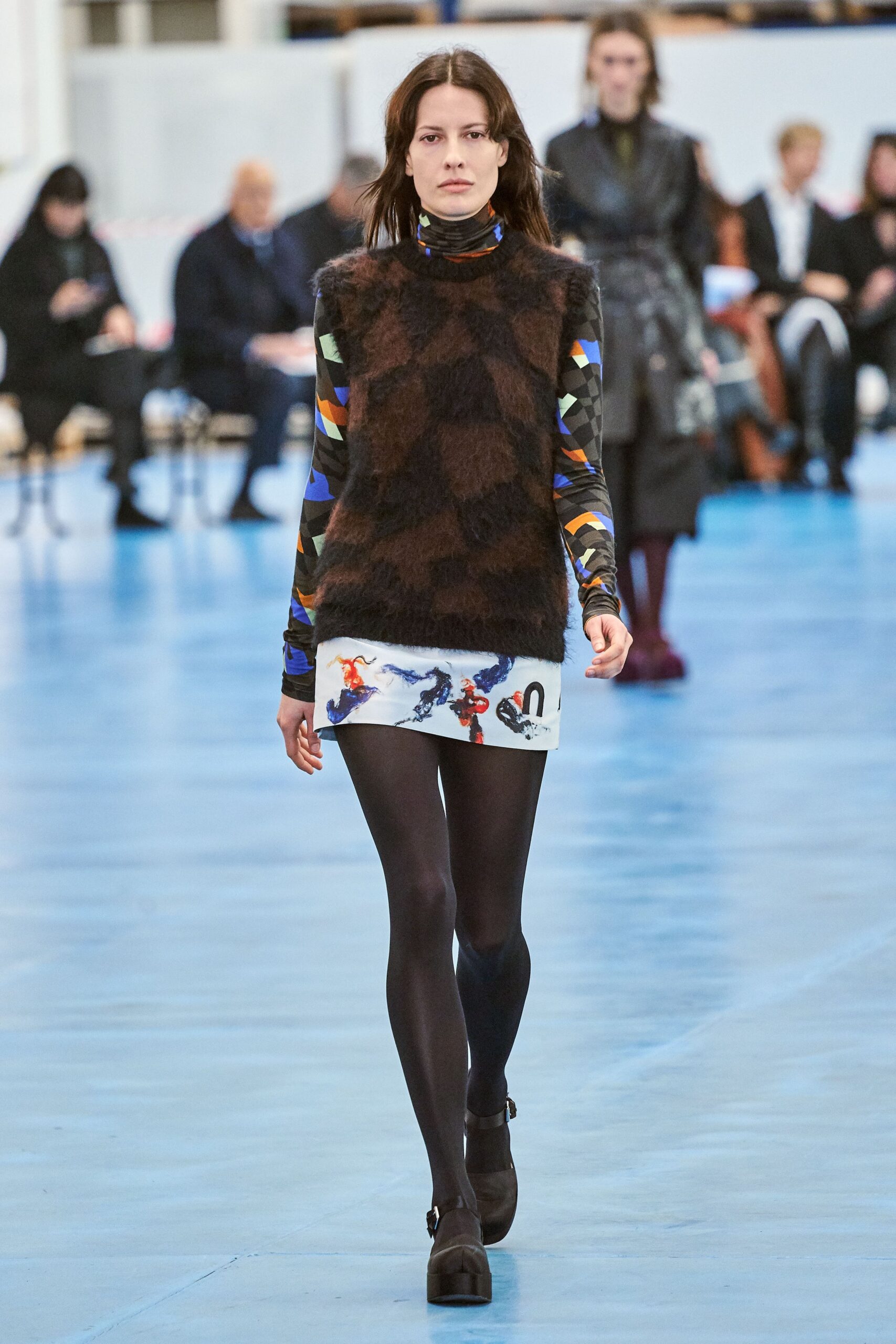 multi-colored faux-fur top with mini-dress