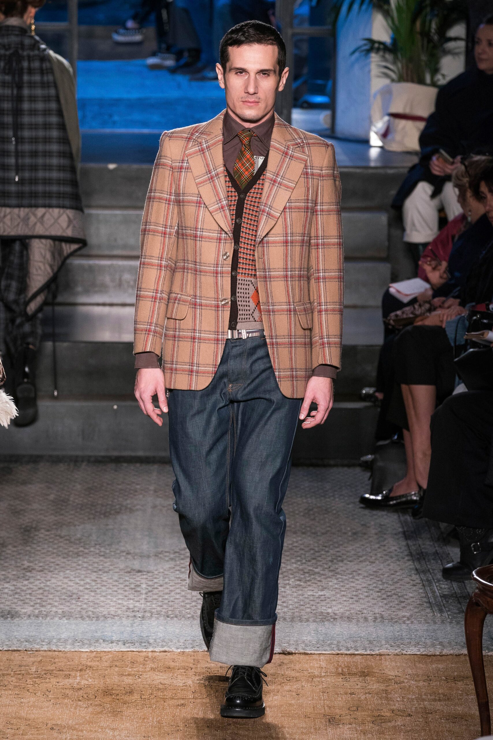 brown checked blazer with denim pants