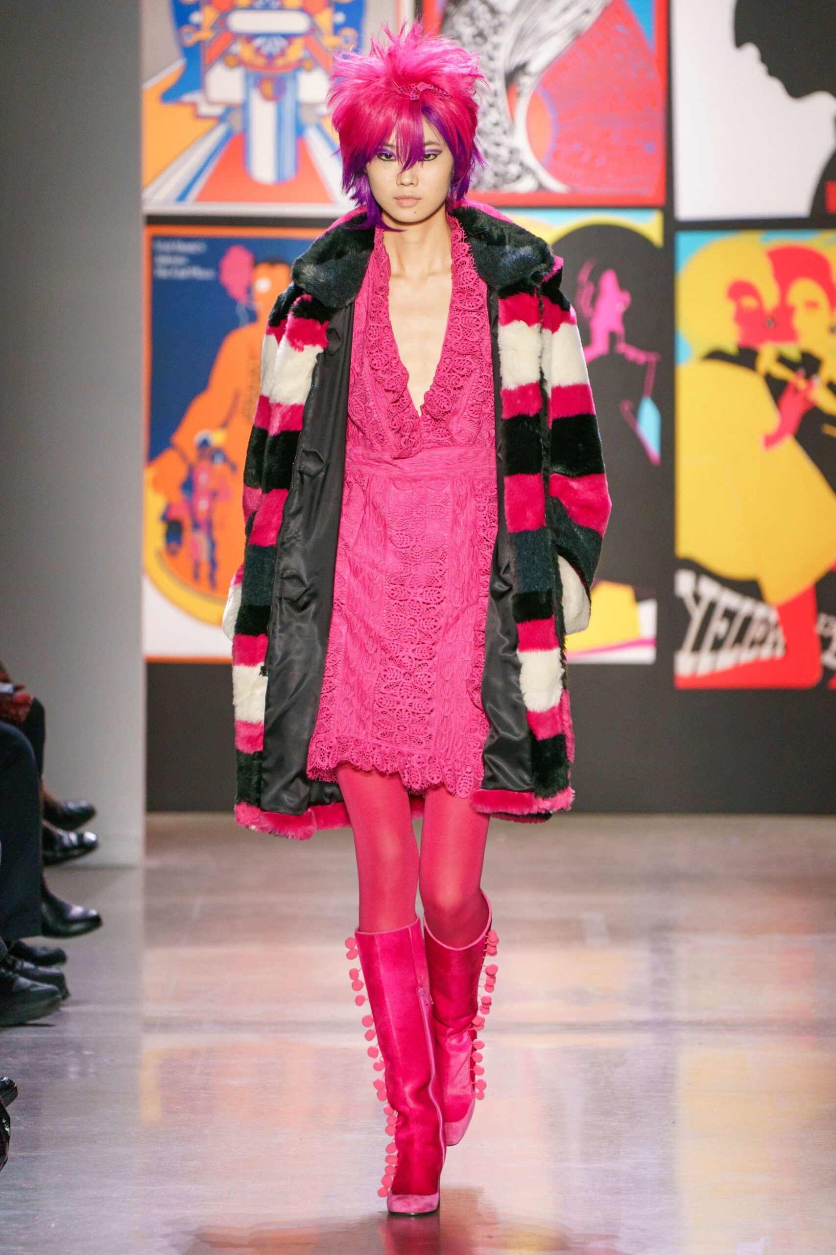 pink lace mini dress with faux-fur coat