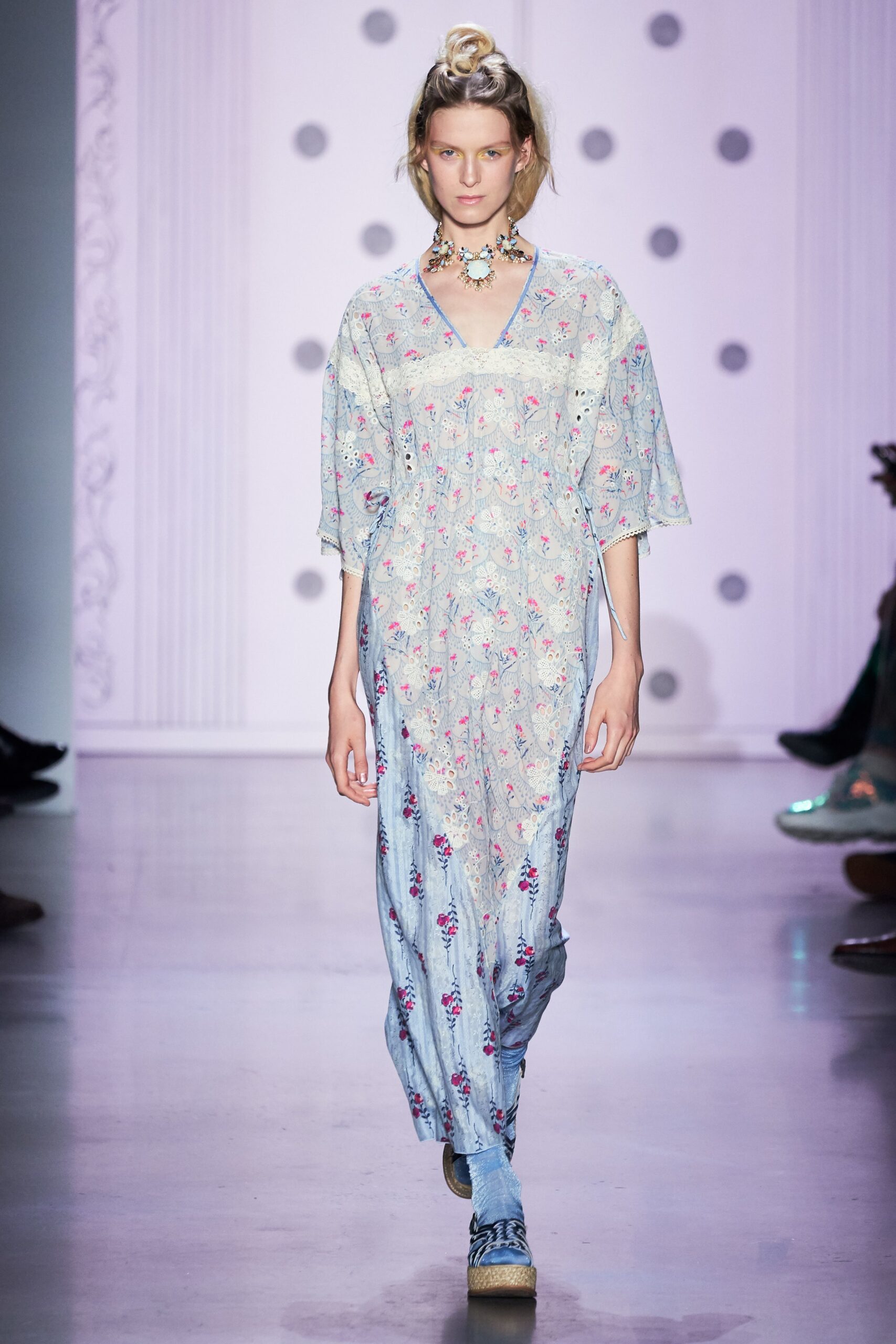 blue and pink embroidered midi dress